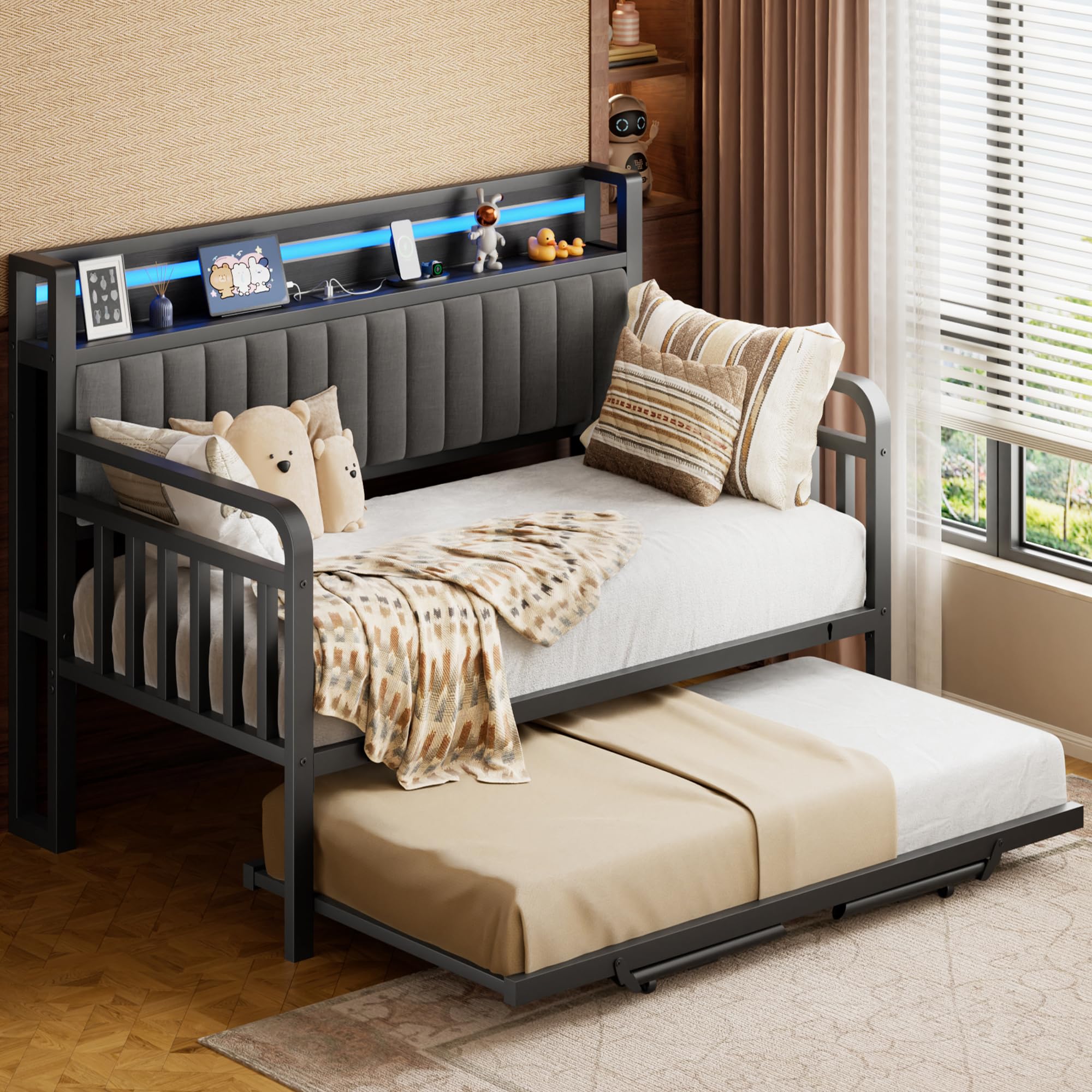 Daybed with Pop Up Trundle and LED Light, Heavy Duty Metal