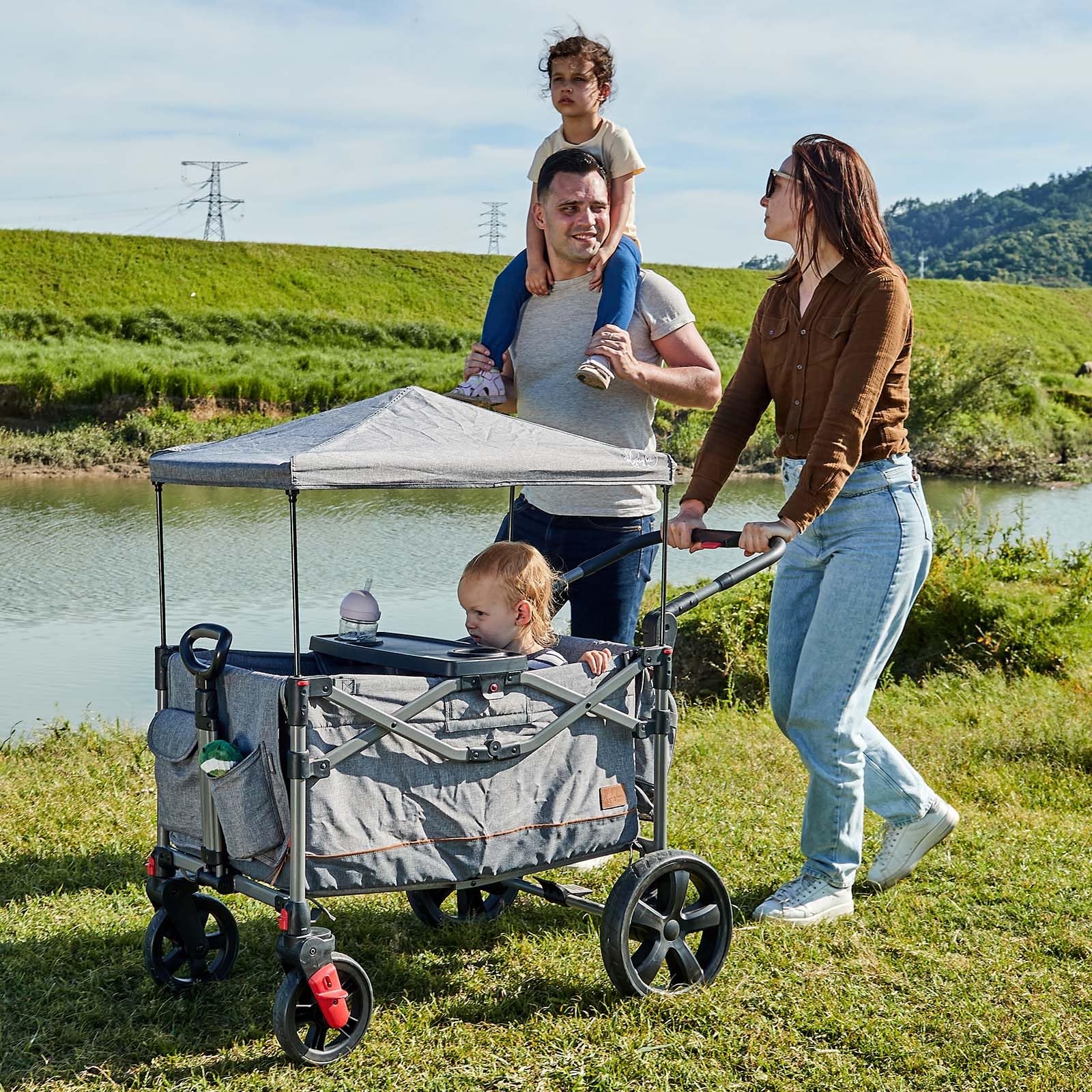 Foldable Wagon Stroller for 2 Kids, Push Pull Collapsible Kids Wagon