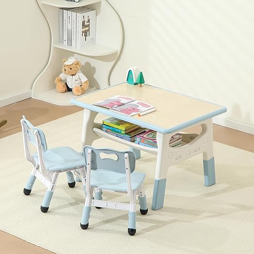 Kids Table and Chairs Set, Large Built-in Storage, Adjustable Toddler Table and Chair Set