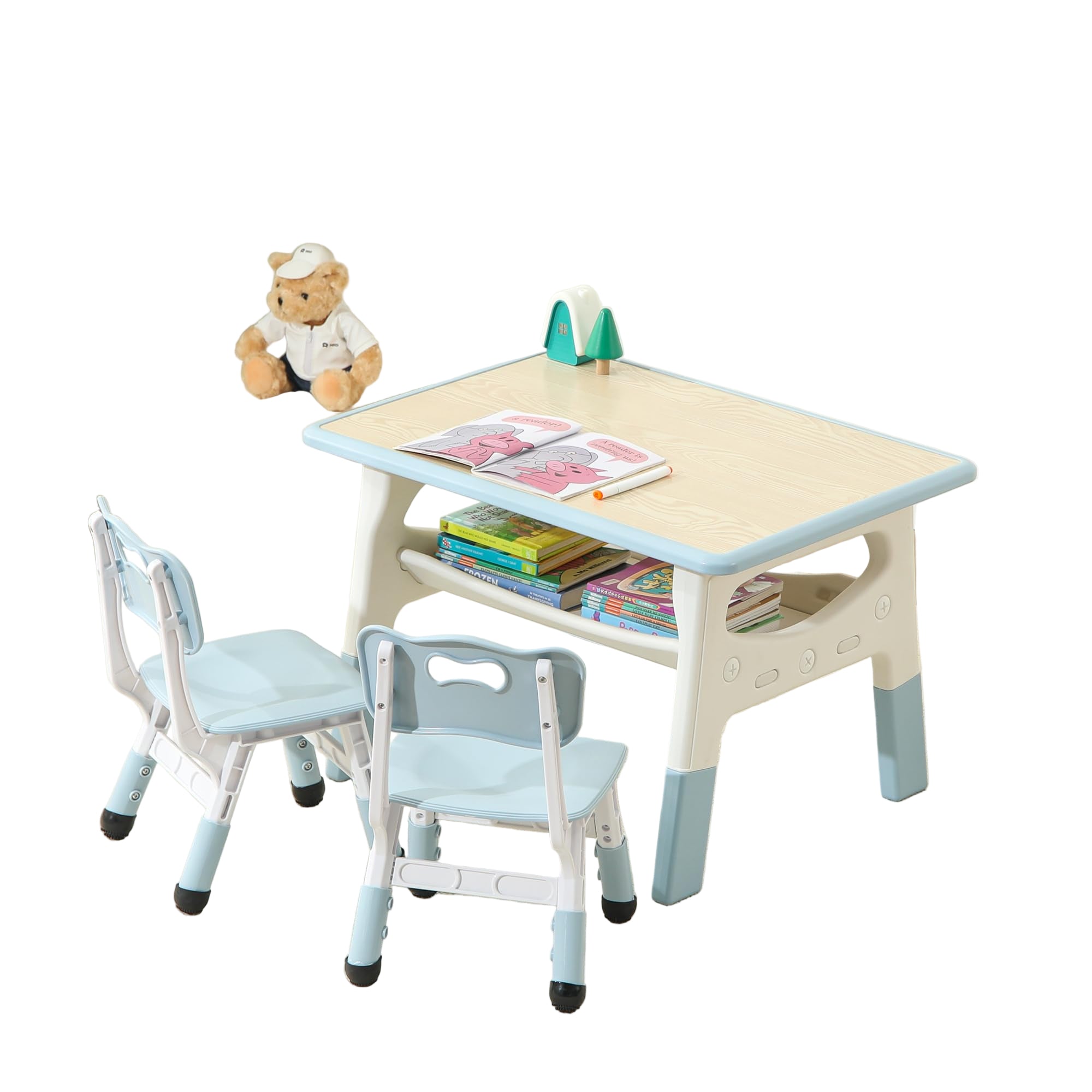 Kids Table and 2 Chairs Set, Large Built-in Storage, Adjustable Toddler Table and Chair Set