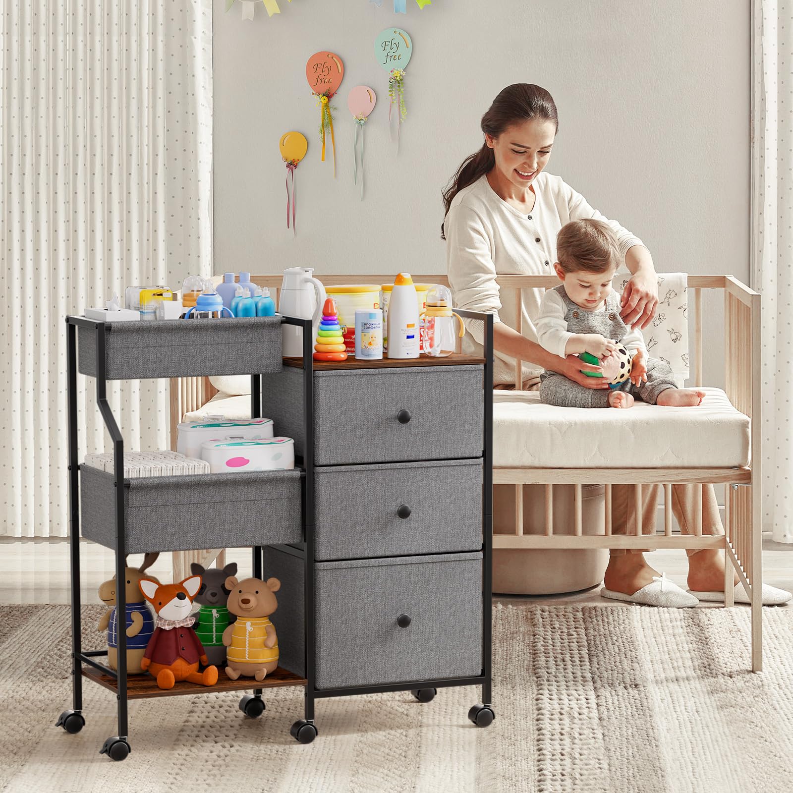 Baby Diaper Caddy Organizer and Storage - 3 Tier Rolling Cart