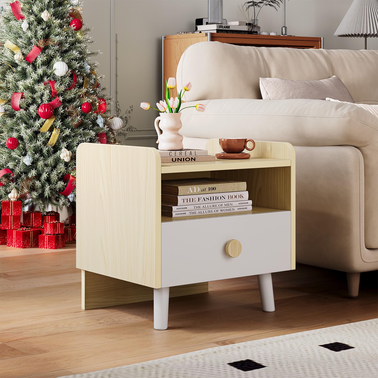 Kids Wooden Nightstand with Drawer and Open Shelf
