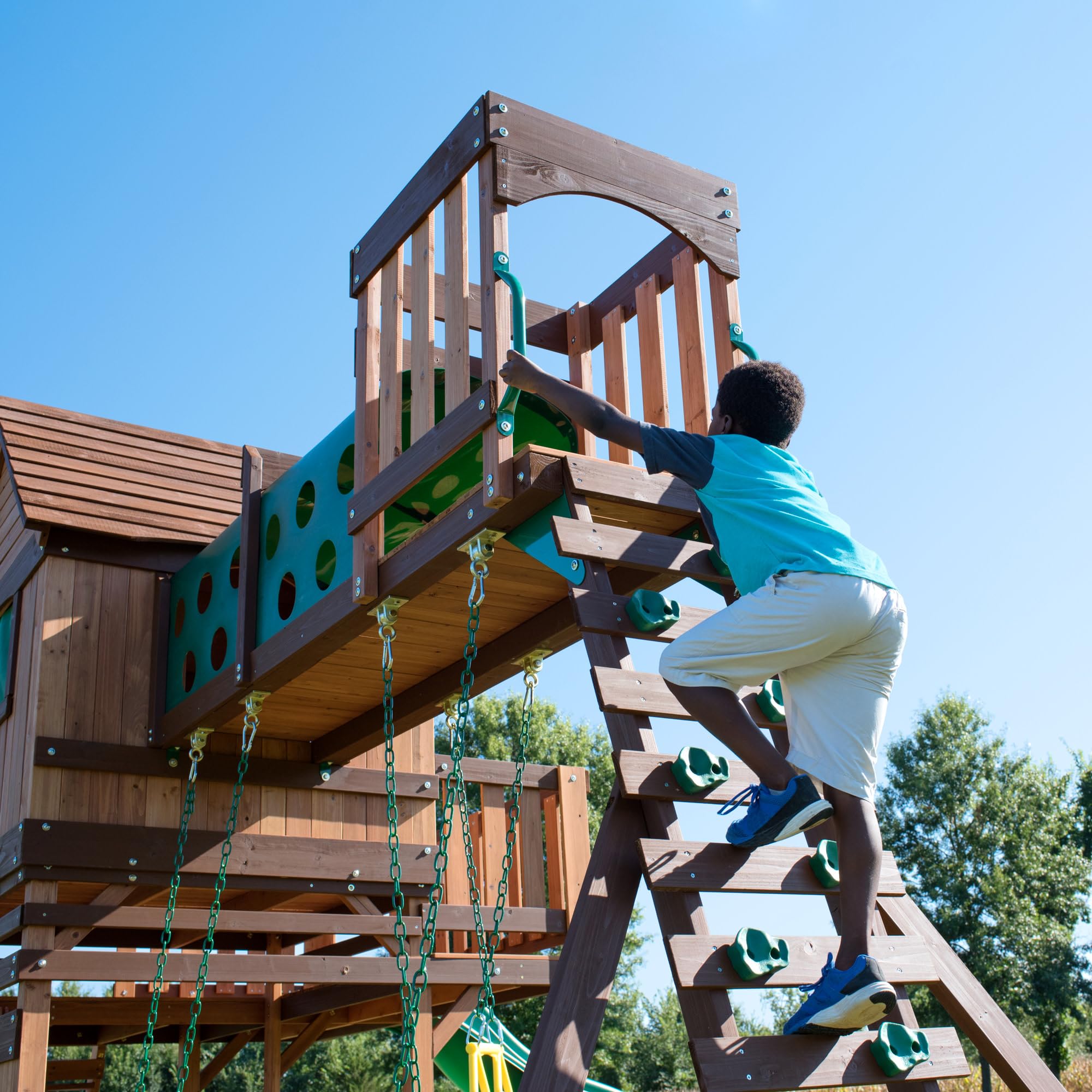 Cedar Wood Swing Set with Clubhouse, Wave Slide, and Rock Wall - Outdoor Playset