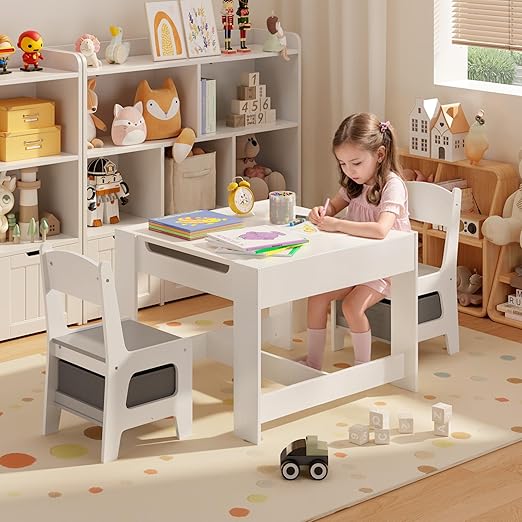 Kids Table and Chairs with Storage 3 in 1 Toddler Craft Table and Chair Set Sensory