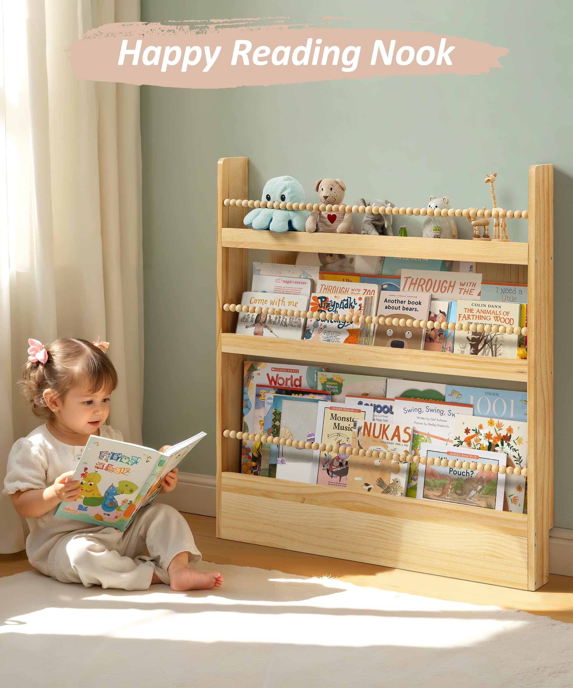 Kids Bookshelf Wall Mount 3 Tier Natural Wood