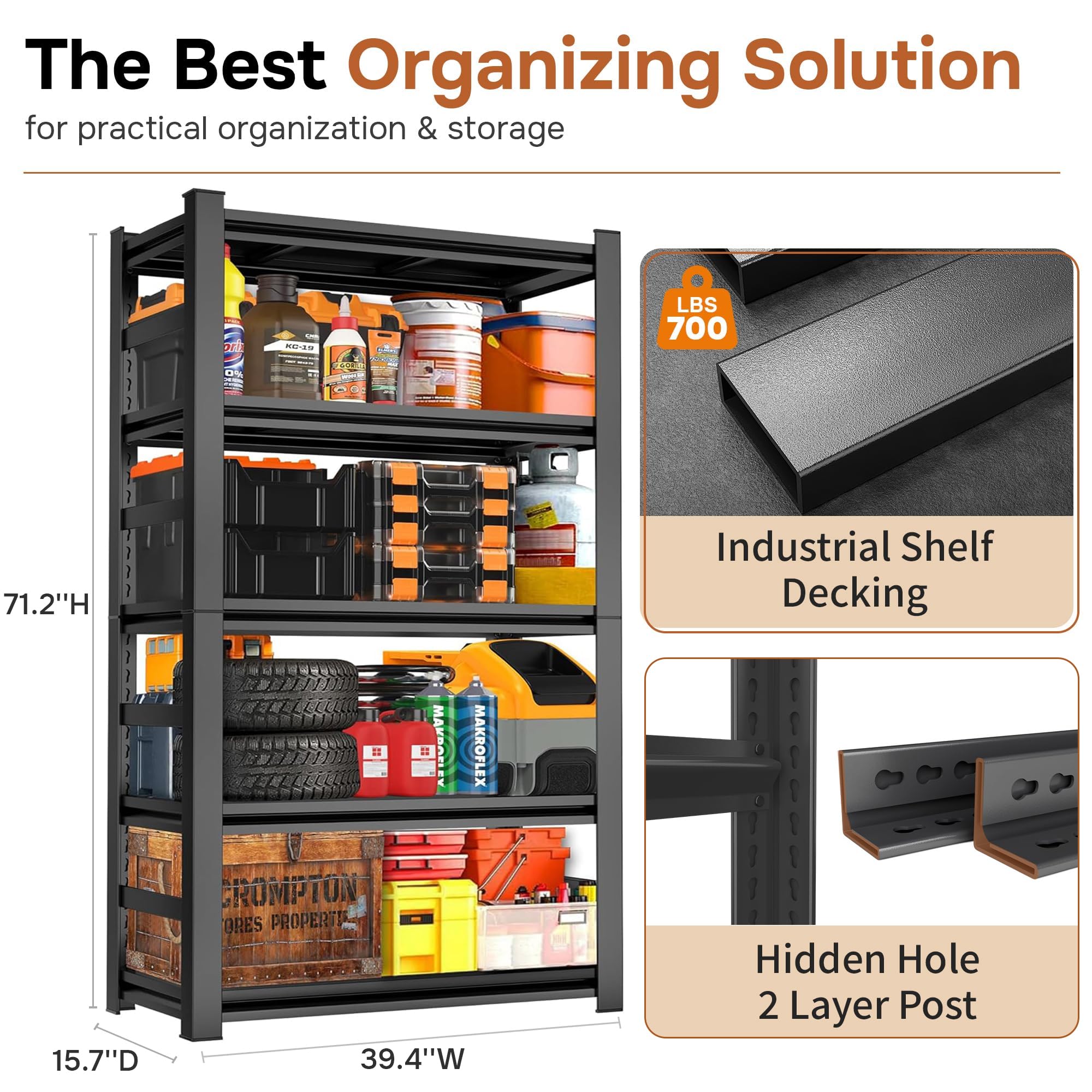 Heavy Duty Garage Shelving Unit 5 Tier Adjustable Metal Storage Rack