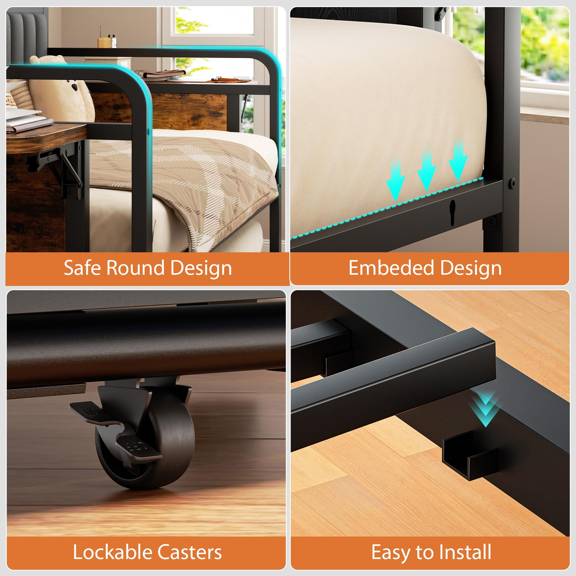 Daybed with Trundle and LED Light, Heavy Duty Metal Twin Bed Frame with Upholstered Storage Headboard & Charging Station, Day Bed Pop Up Trundle Bed Twin for Living Room,Bedroom and Guest Room, Brown
