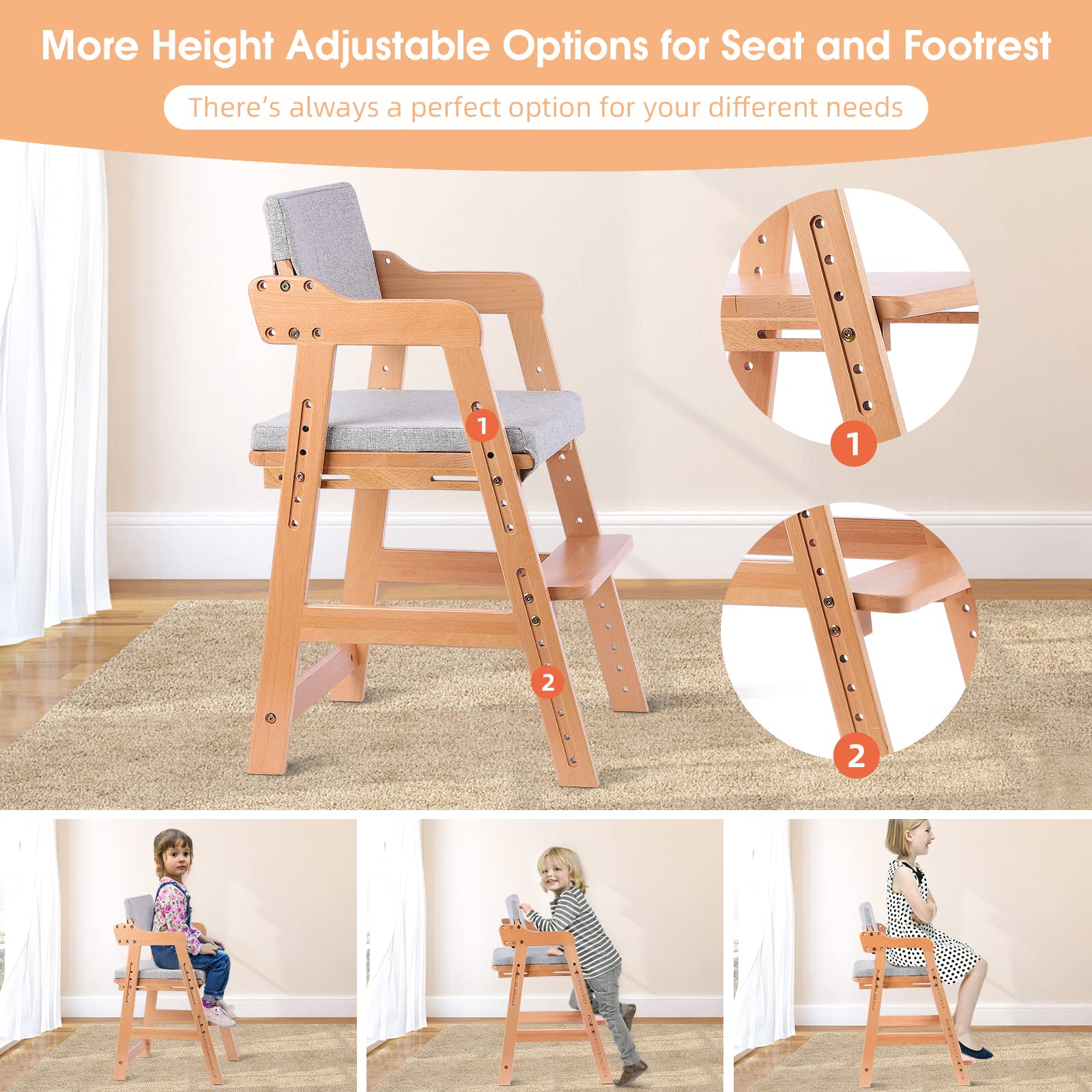 Adjustable Wooden High Chair for Toddlers to Teens