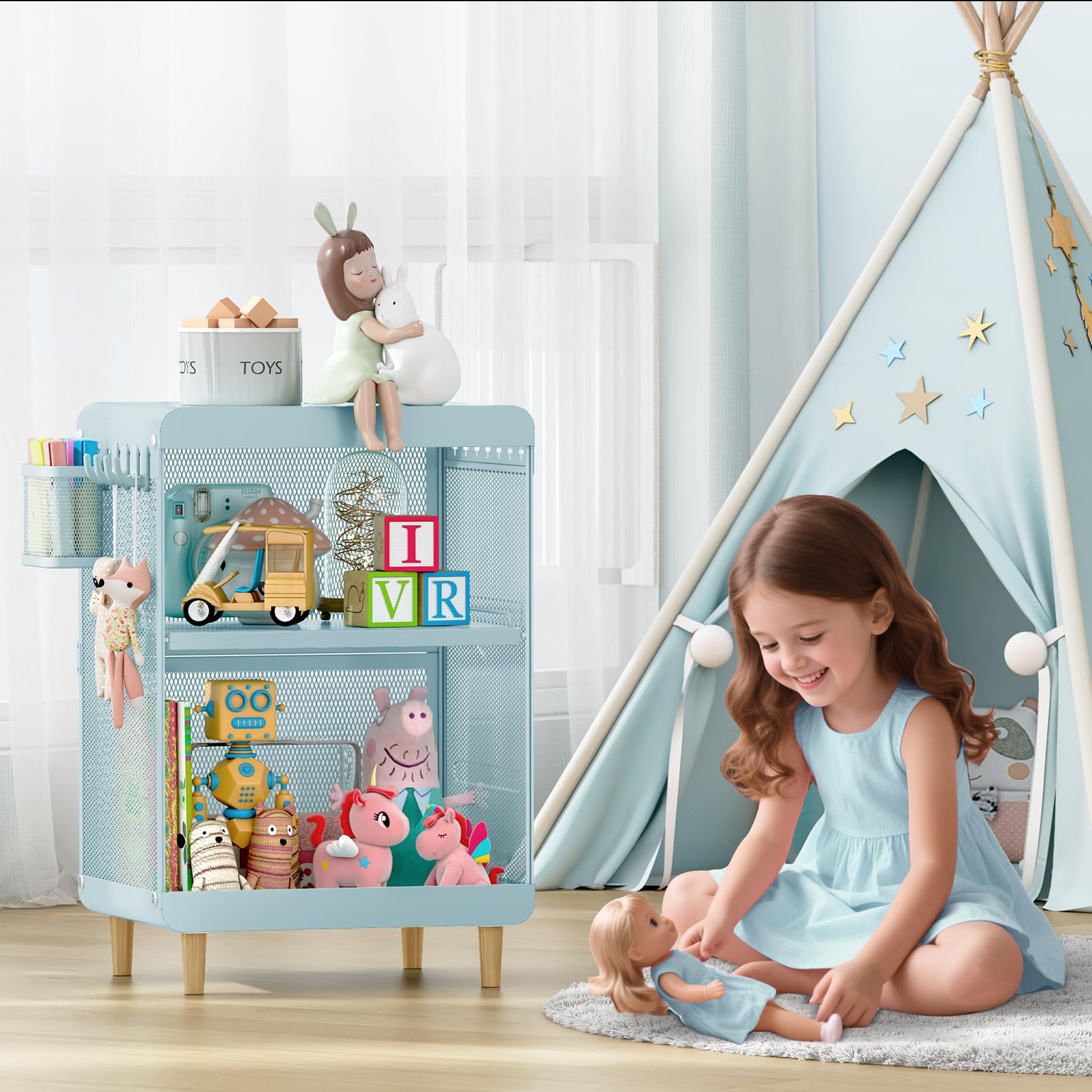 Kids Mint Green Nightstand with Storage Shelves