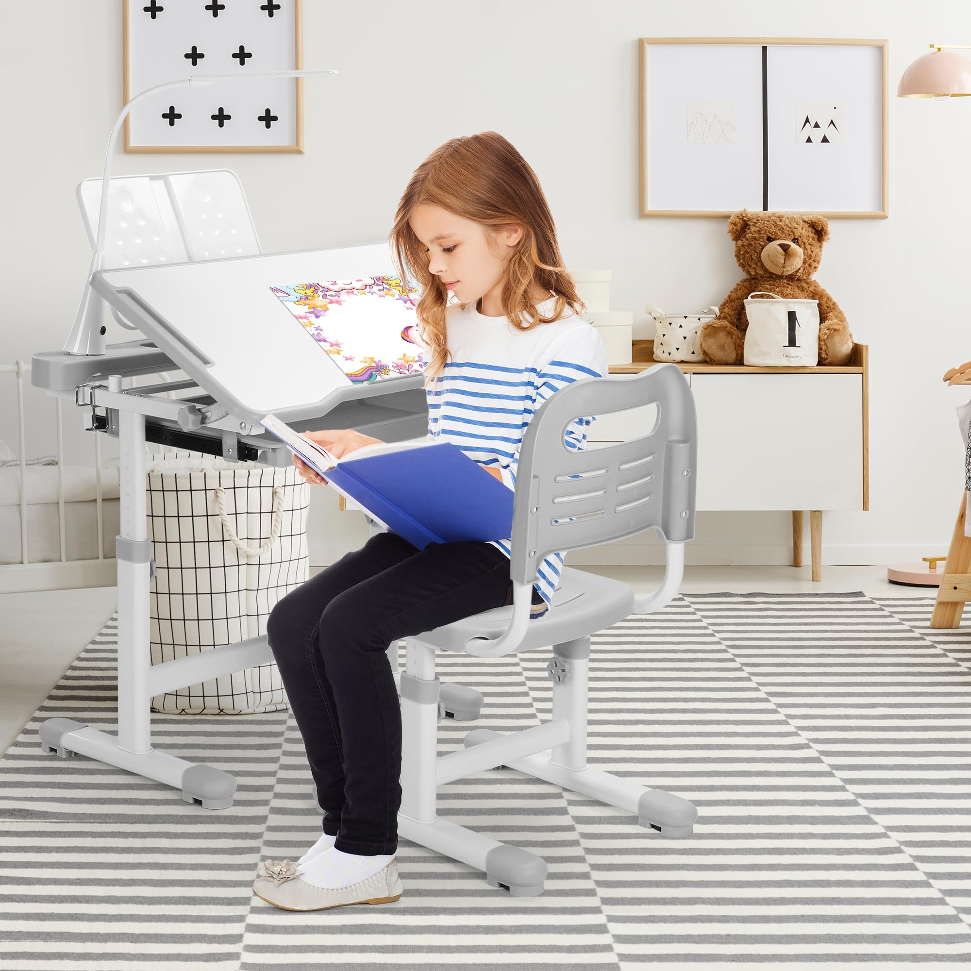 Kids Desk and Chair Set Height Adjustable School Study Desk and Chair