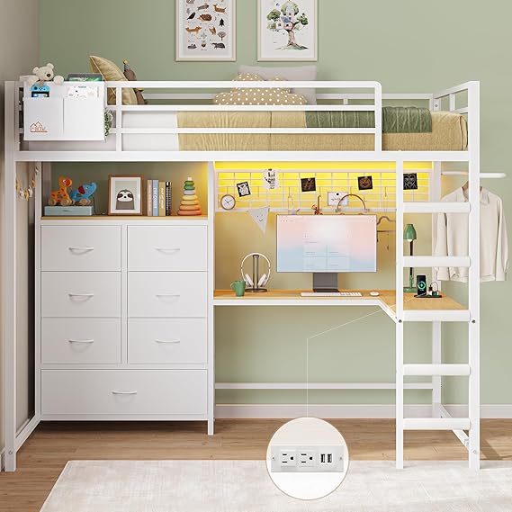 Twin Loft Bed with L-Shaped Desk and 7 Storage Drawers
