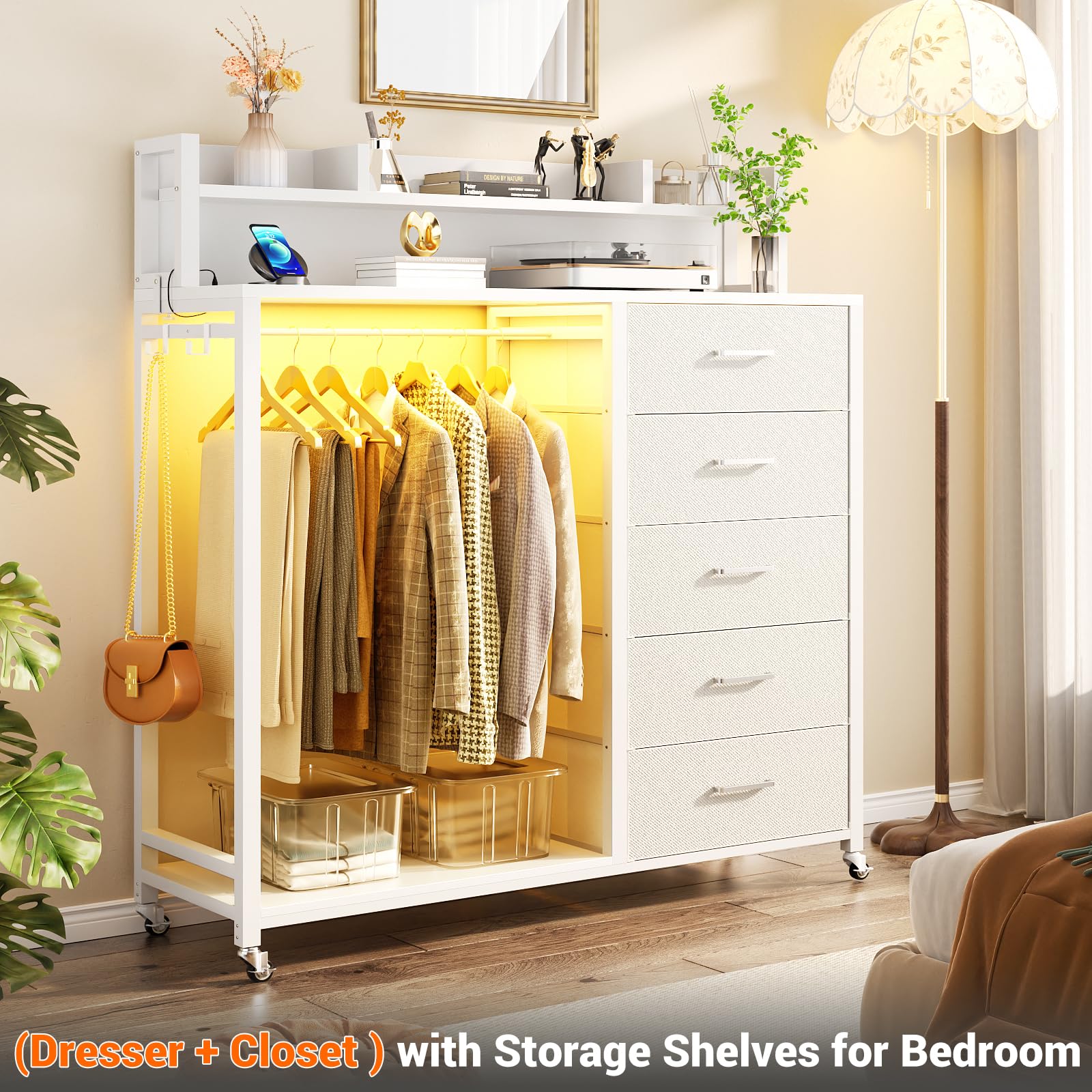 5 Drawer Dresser with Clothes Rack and Charging Station