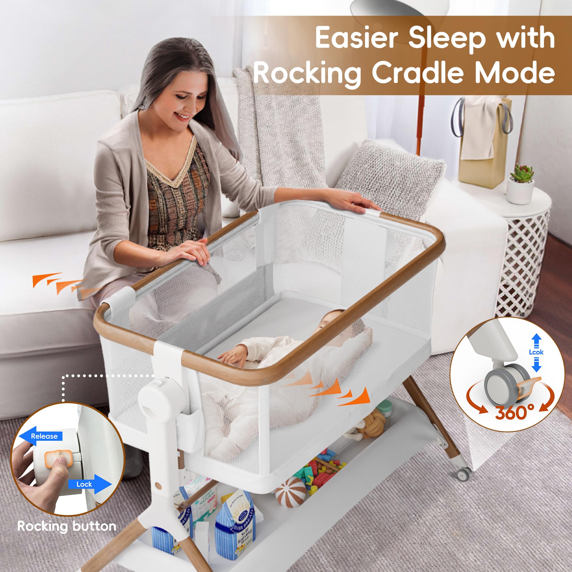 Rocking Bassinet Bedside Sleeper with Adjustable Height