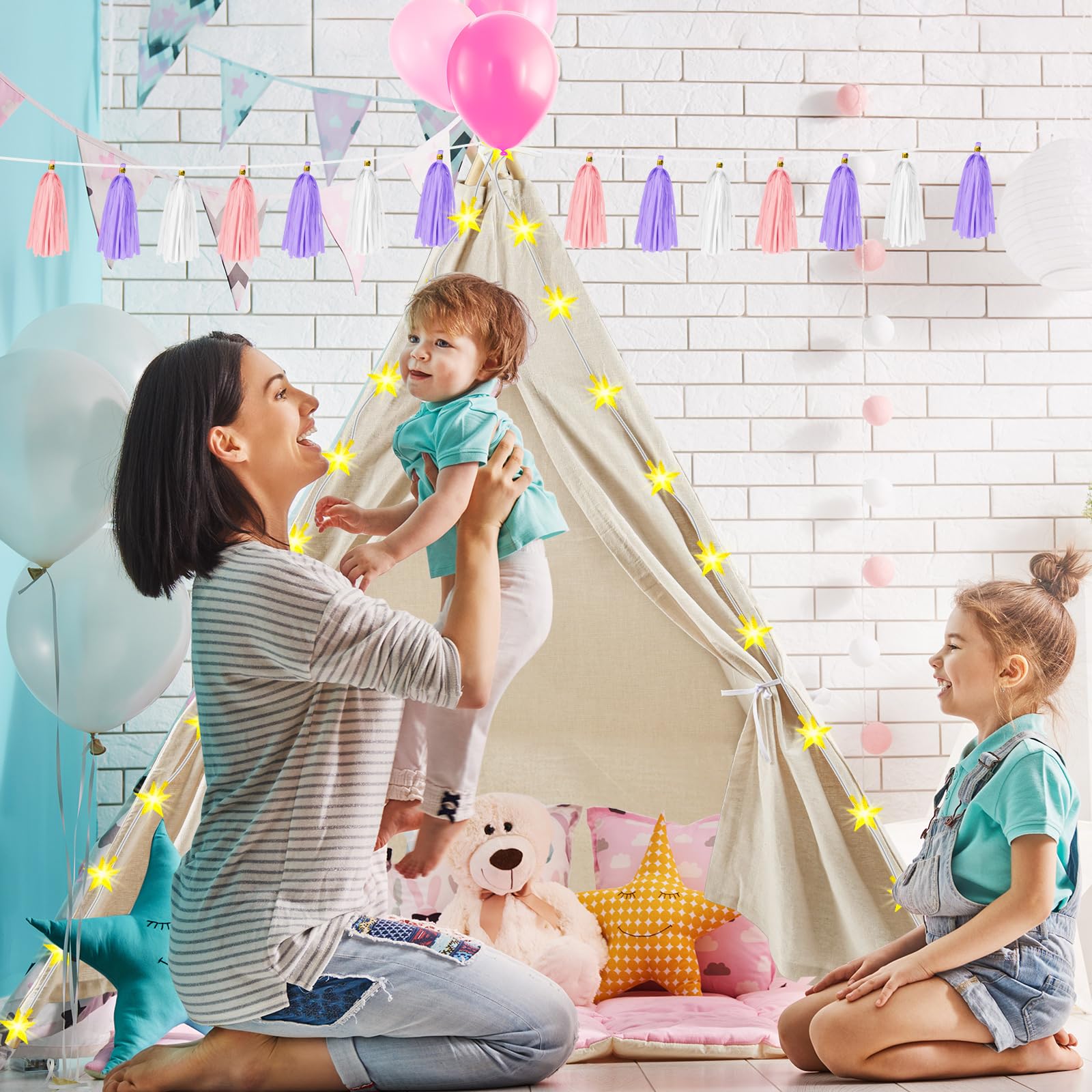 Kids Teepee Tent Set for Slumber Parties - 4 Pack with Lights