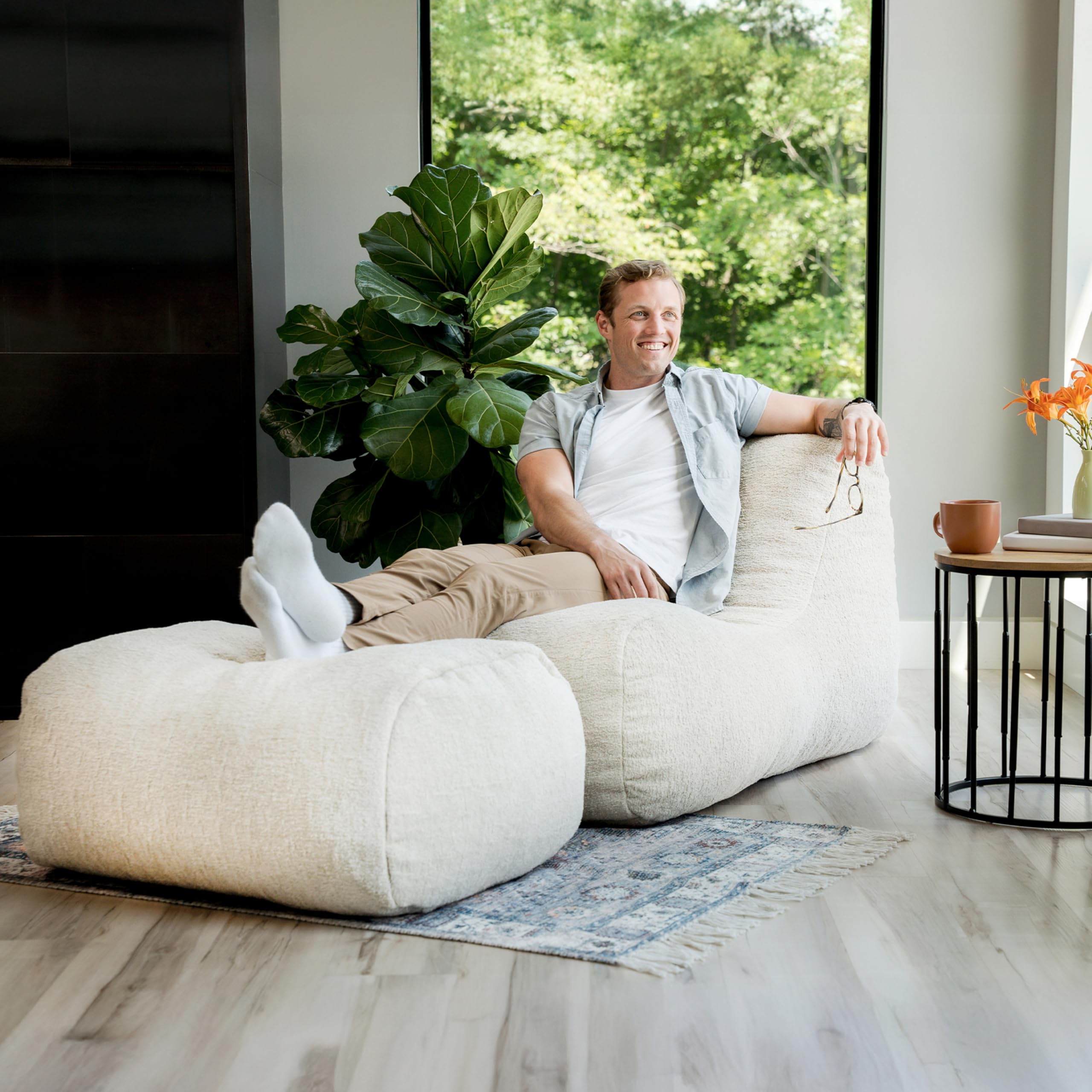 Modora Bean Bag Ottoman Lounger, Birch Soft Boucle