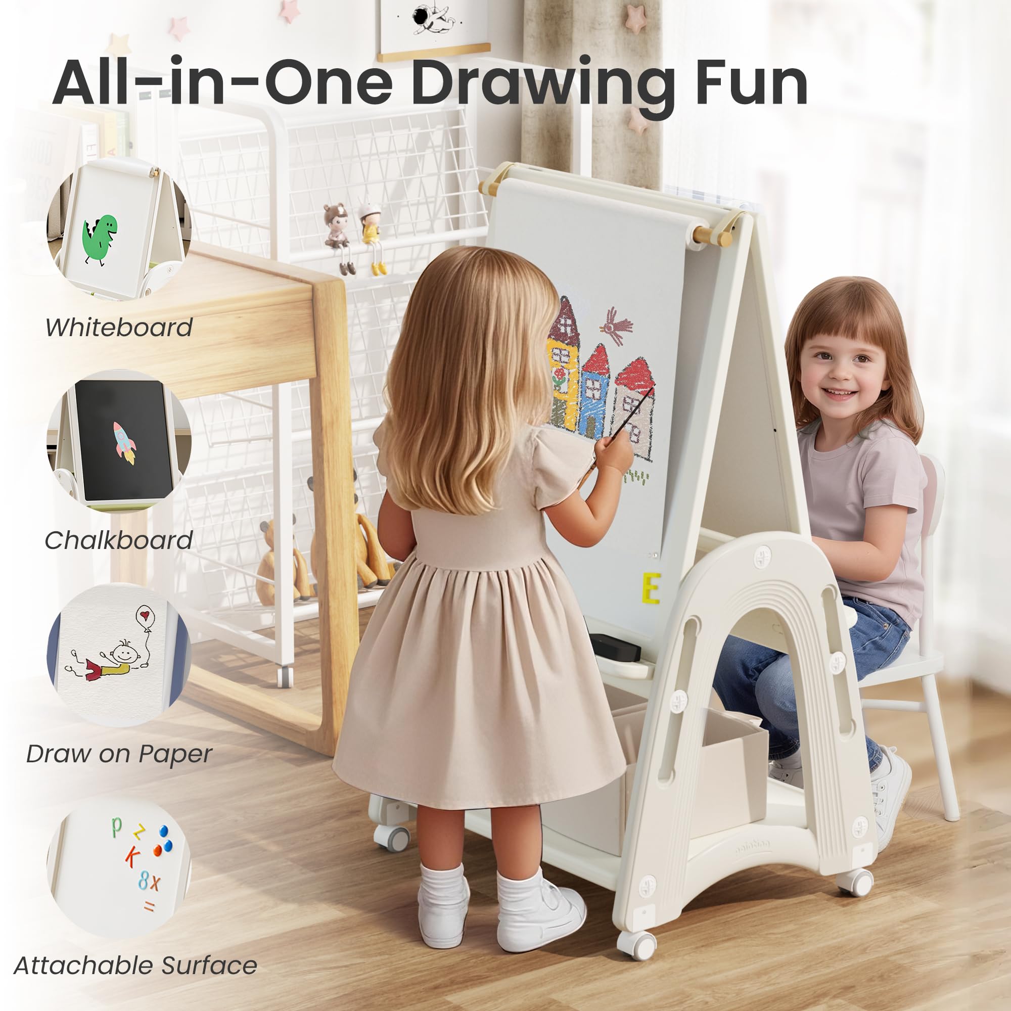 3-in-1 Adjustable Kids Art Easel with Wheels and Storage