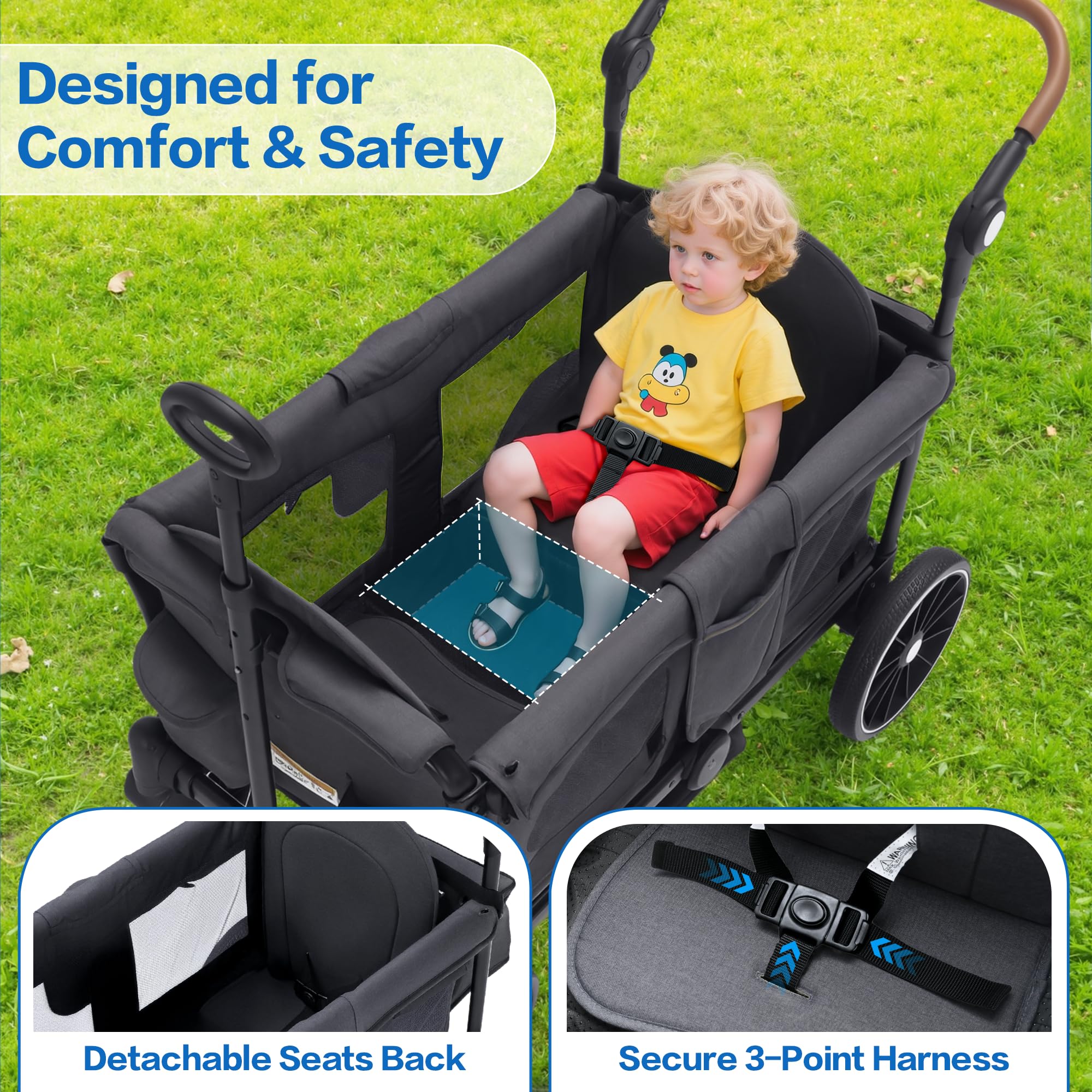 Stroller Wagon for 2 Kids, Push & Pull Kids Cart with Safety Harnesses