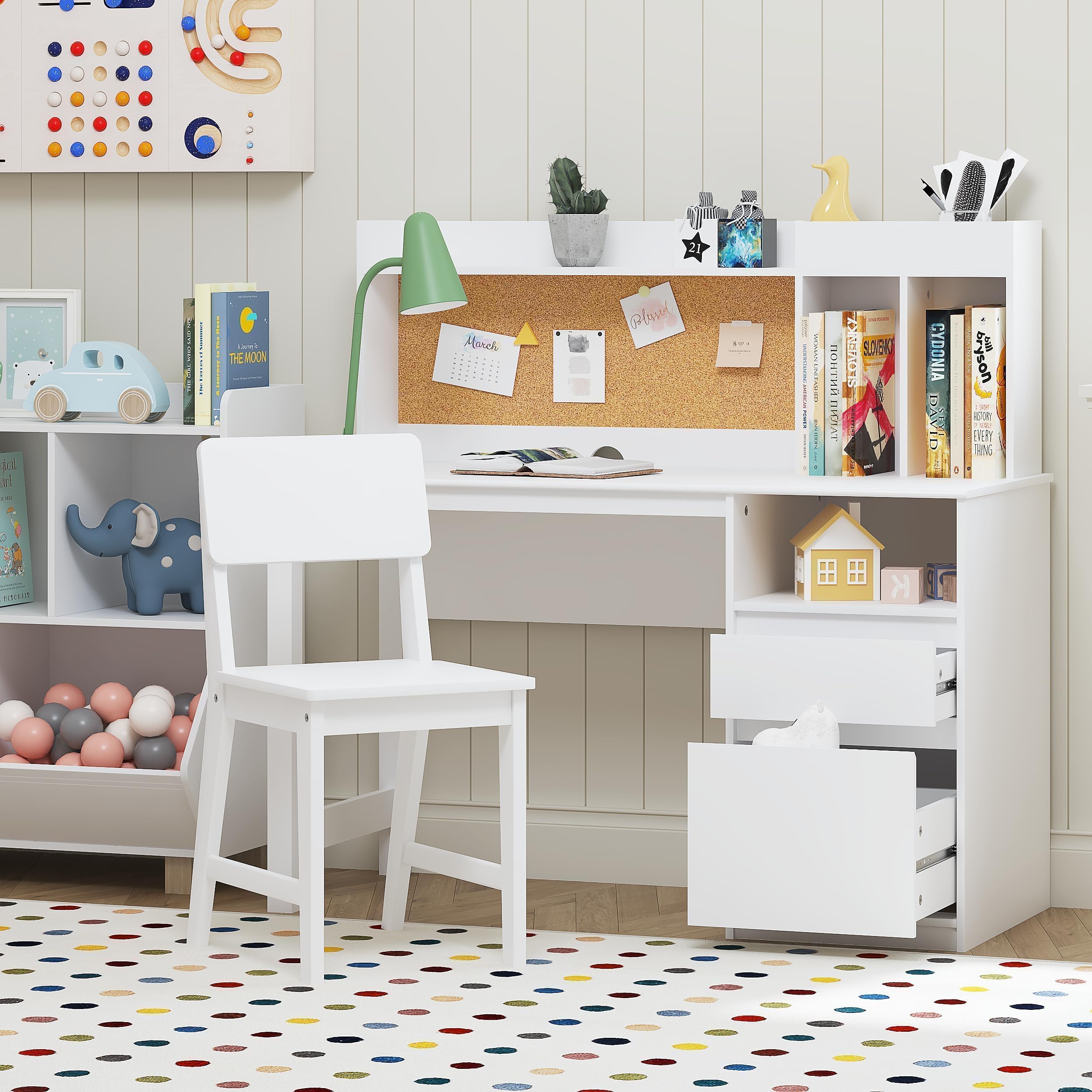Kids Desk and Chair Sets, Kids Study Desk Set with Hutch and Storage
