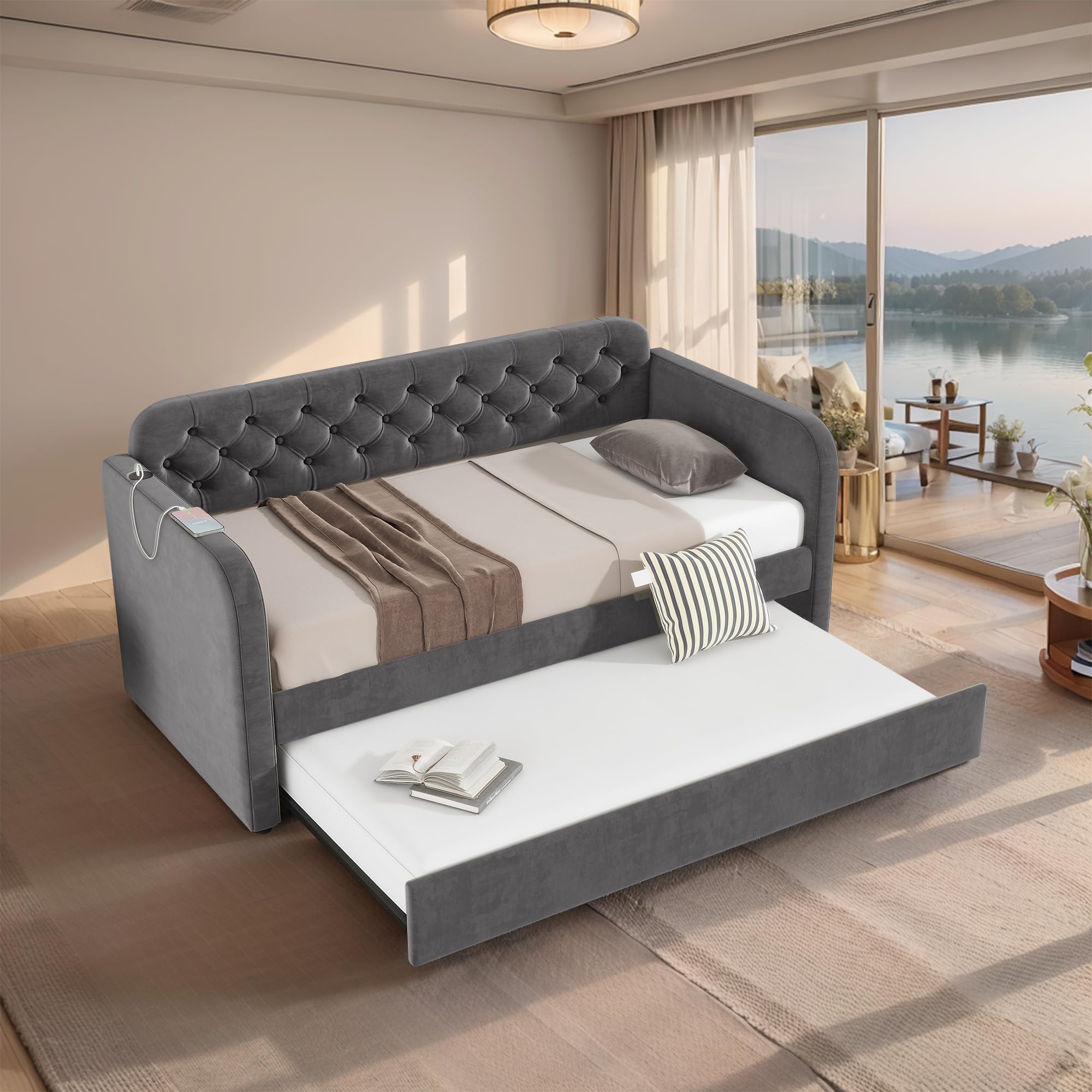 Daybed with Trundle, Velvet Upholstered Twin Size Day Bed