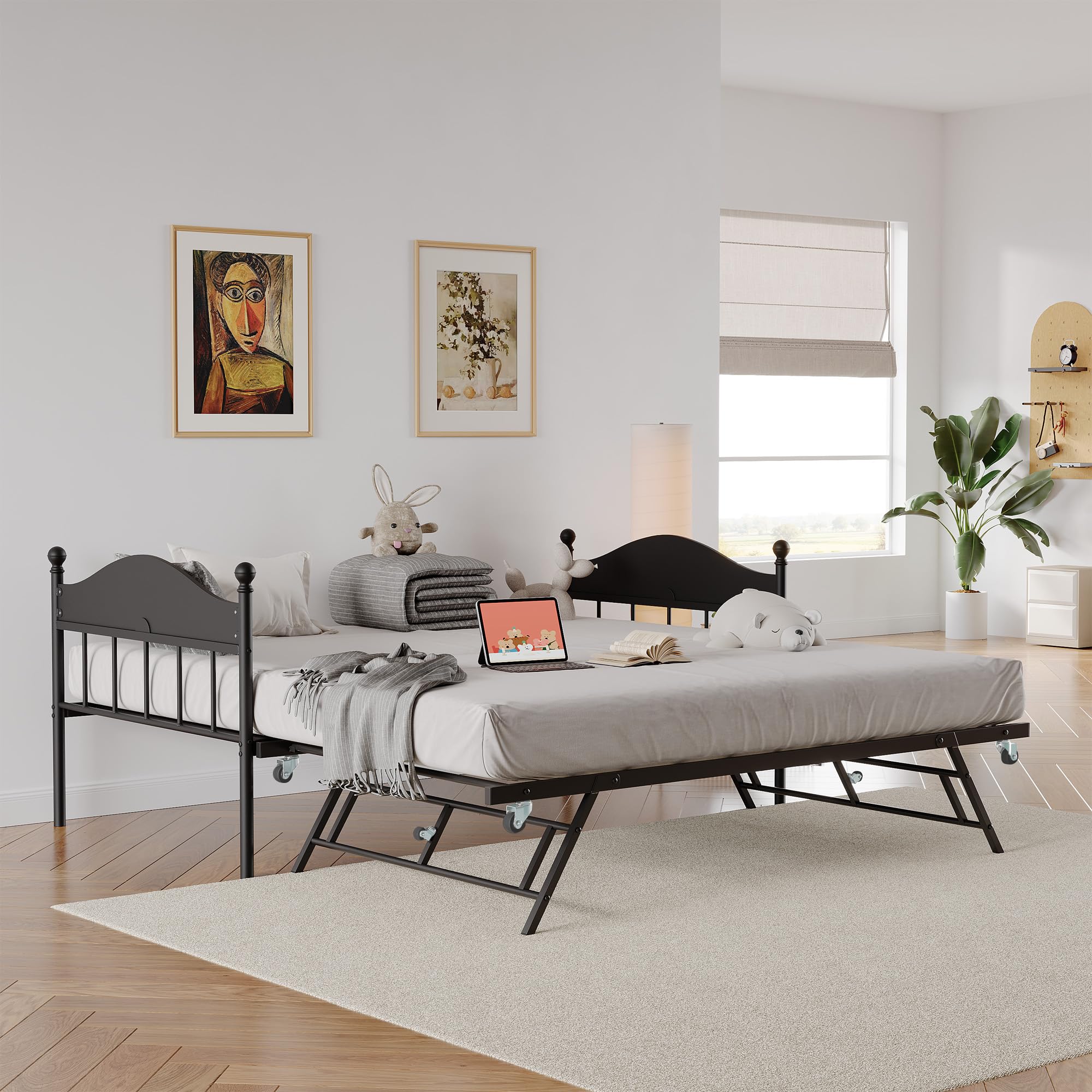 Daybed with Trundle, Metal Twin Size Day Bed with Stylish