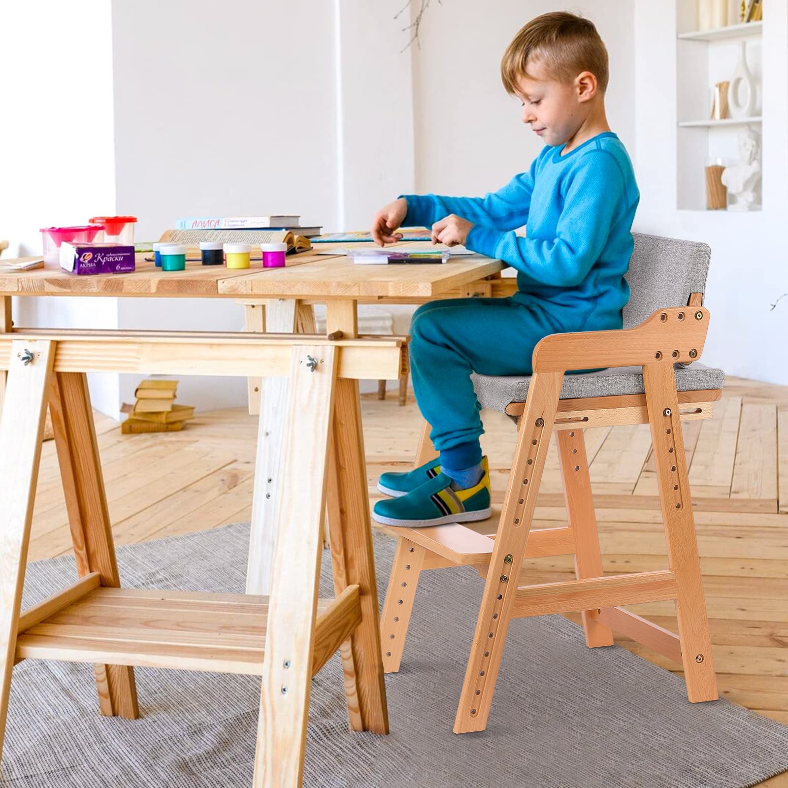 Adjustable Wooden High Chair for Toddlers to Teens