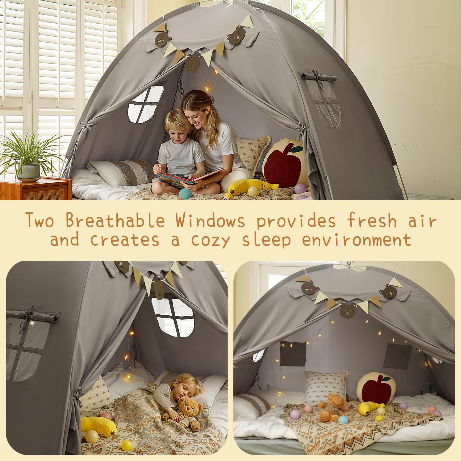 Twin Bed Tent, Bed Canopy Bunk Bed Tent with Stars Lights & Flags, Breathable Sleeping Tent, Privacy Space Dream Playhouse for Indoor Bedroom Floor, Portable Foldable Play Tent with Storage Bag, Grey