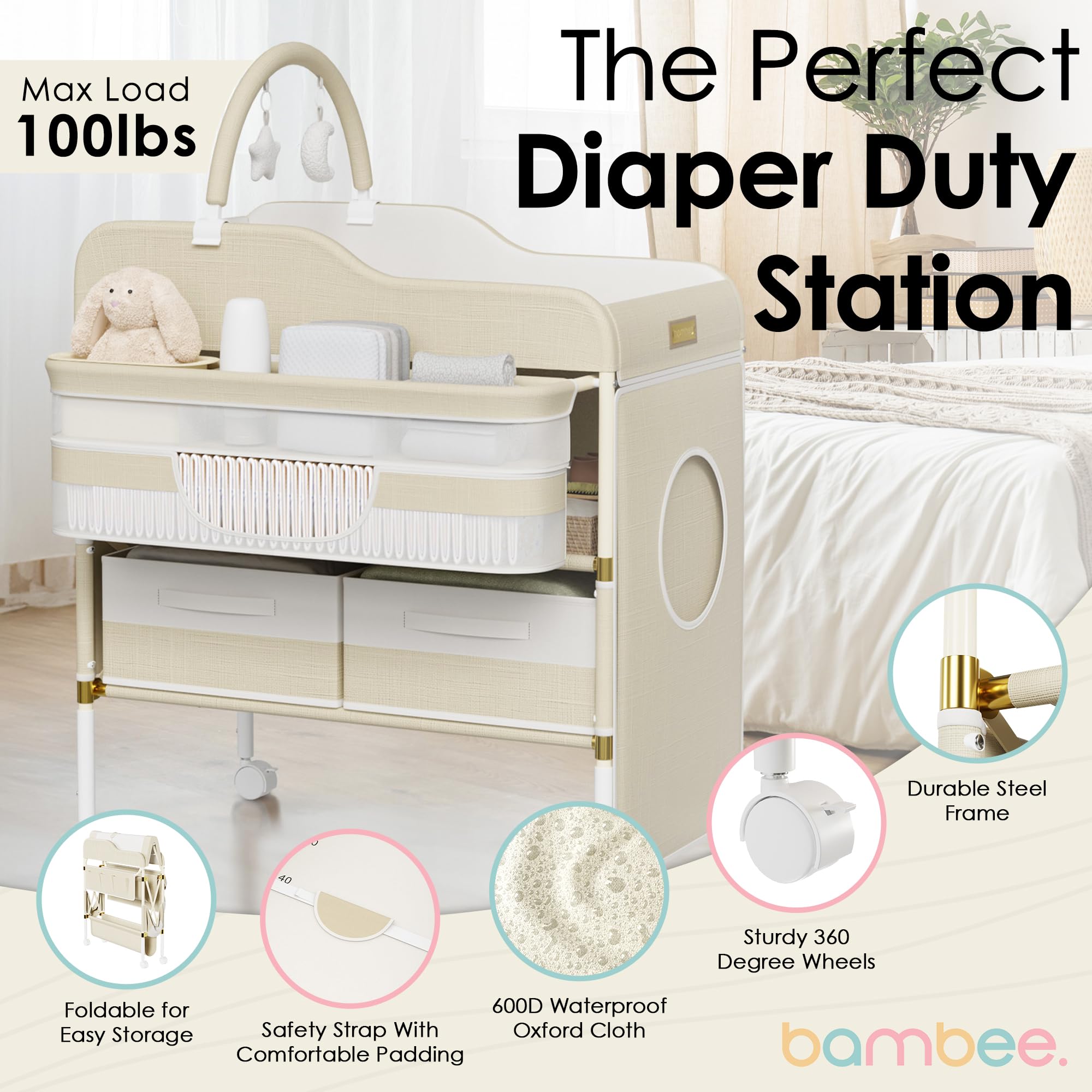 Portable Baby Changing Table with Wheels and Storage