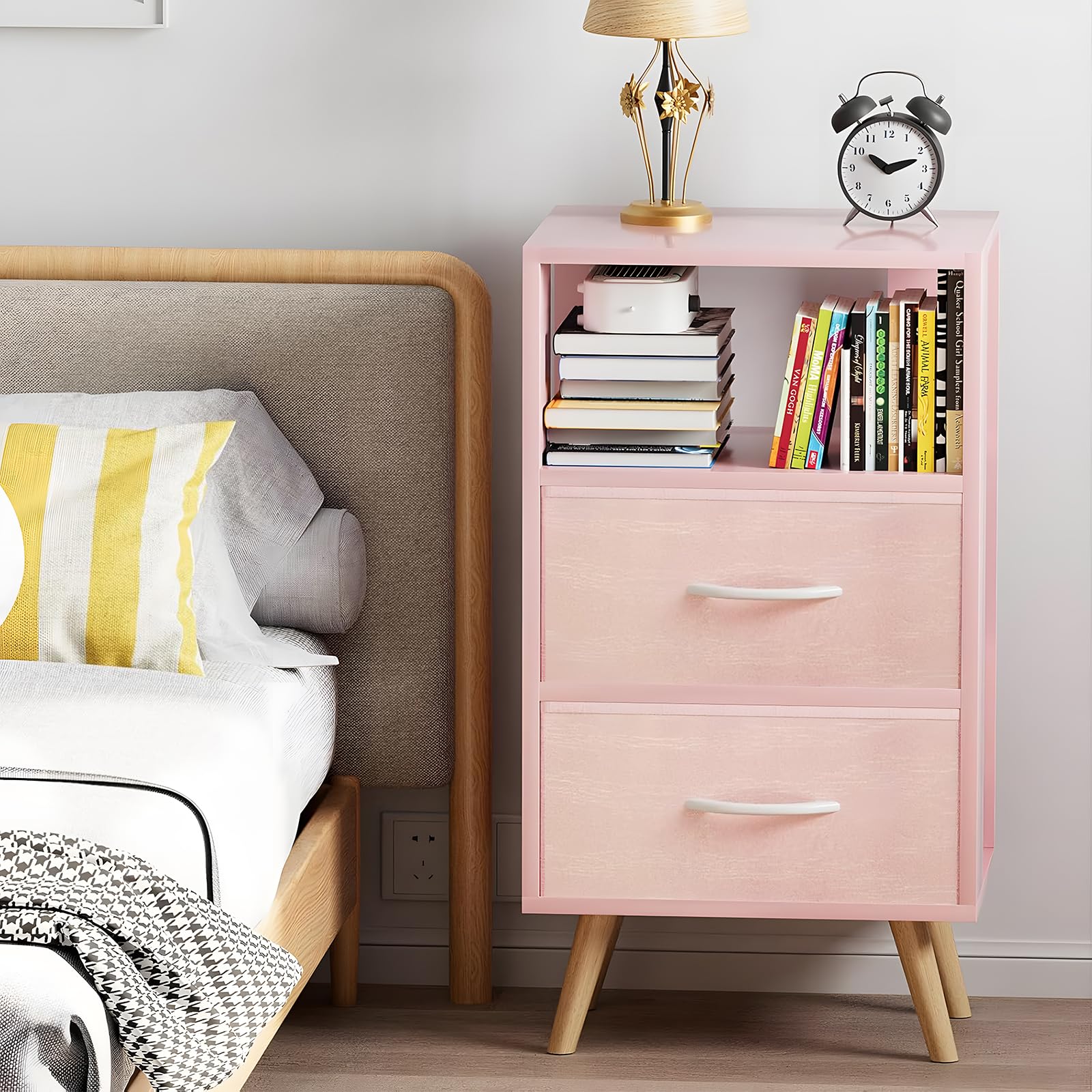 Night Stand, Pink Kids Nightstand with 2 Drawers, Nursery Side