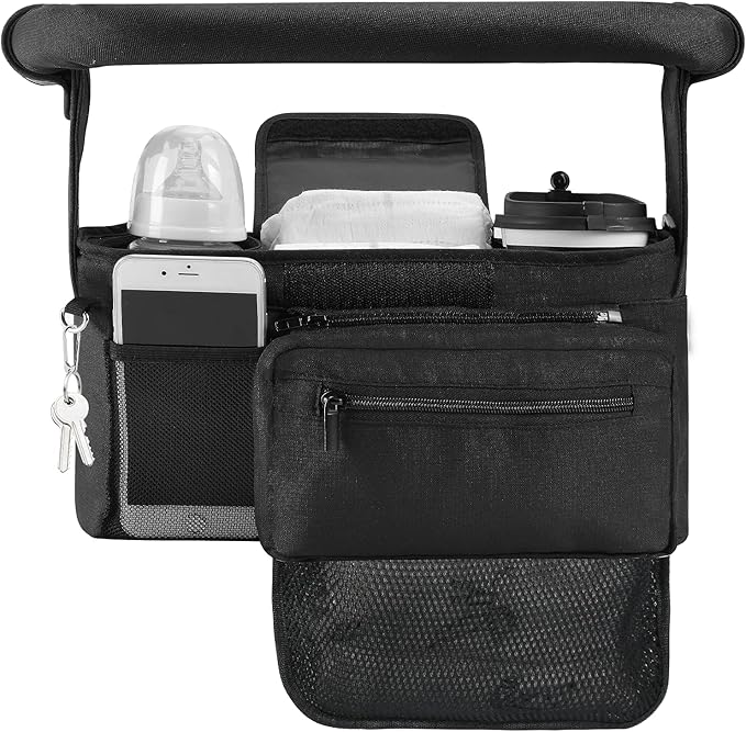 Universal Stroller Organizer with Insulated Cup Holder Detachable Phone Bag