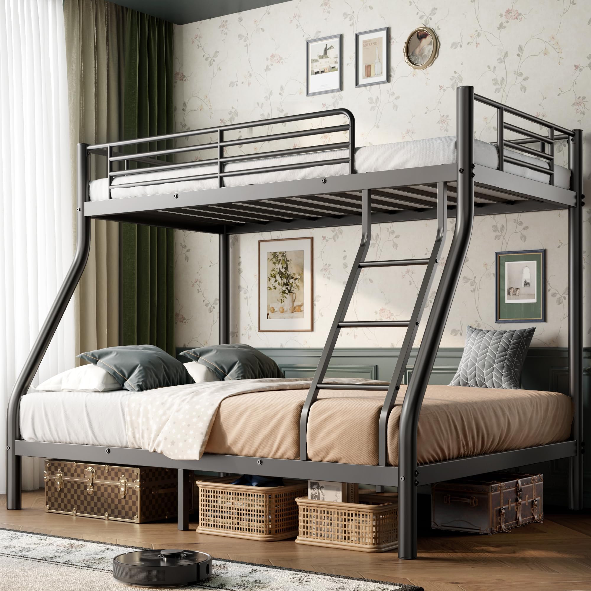 Twin Over Full Bunk Bed with Guardrail and Ladder