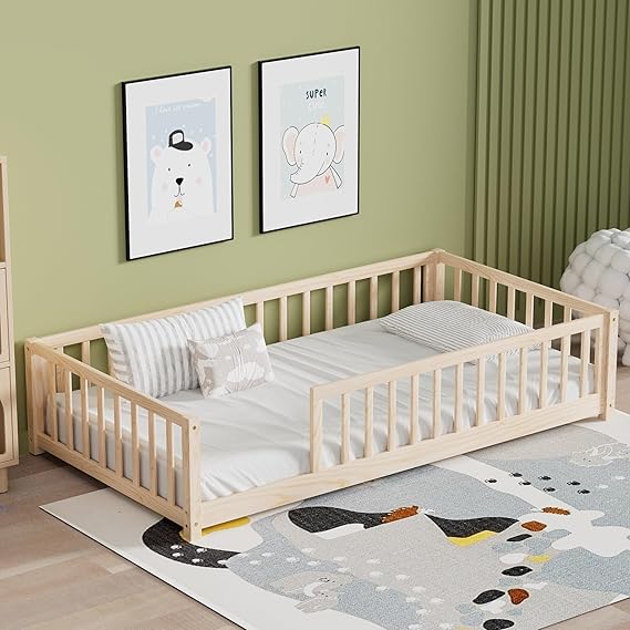 Twin Floor Bed for Kids Solid Wood Montessori Bed Frame
