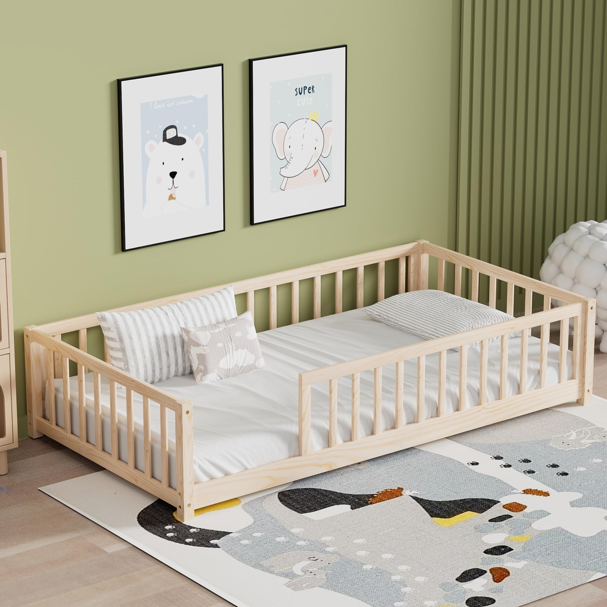 Twin Floor Bed for Kids Solid Wood Montessori Bed Frame