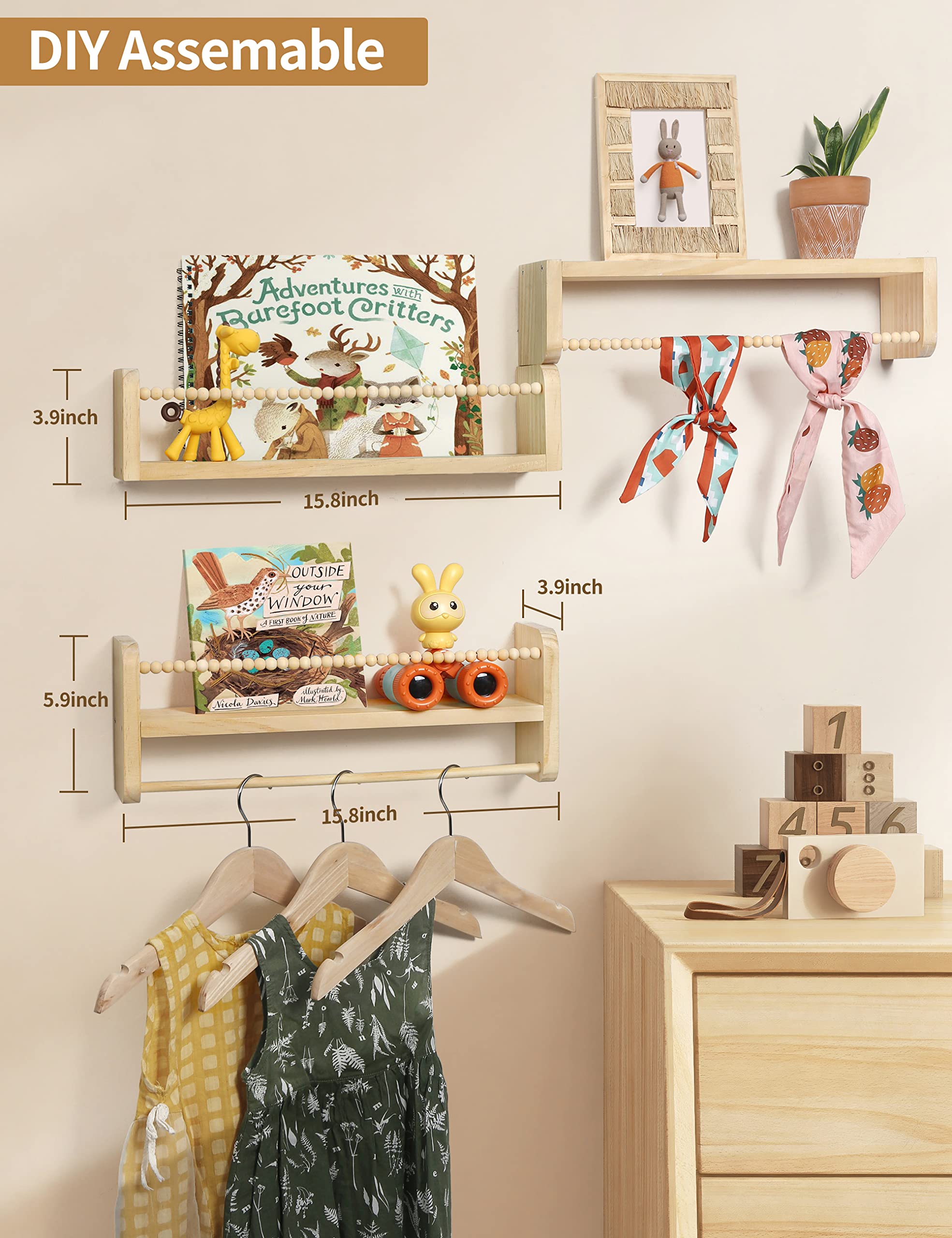Nursery Floating Shelves for Wall, Set of 3 Book Shelves Natural