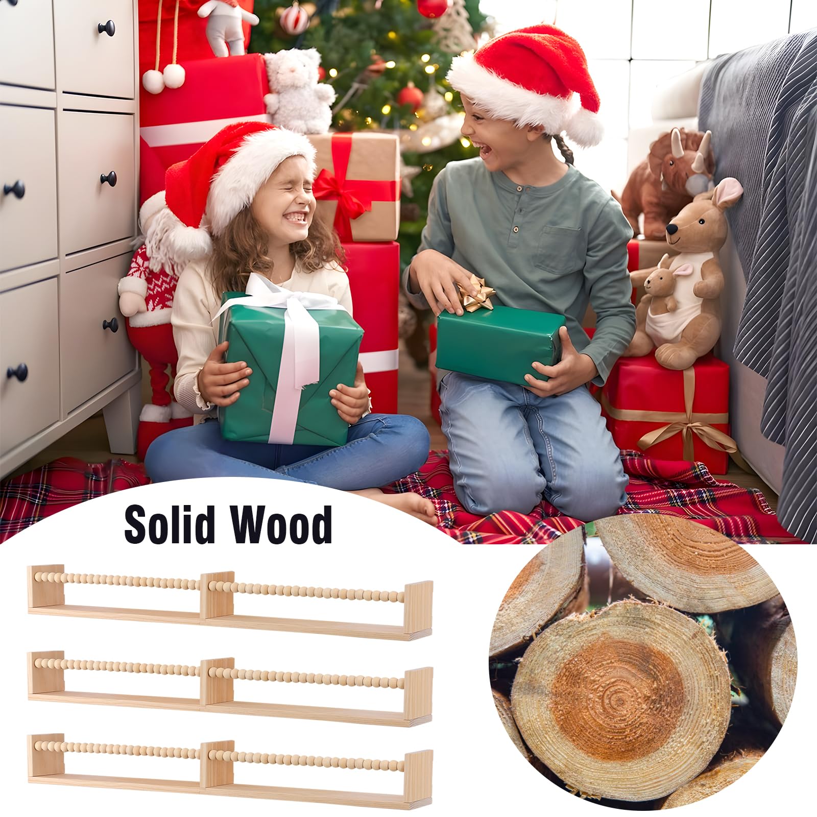 Floating Wall Bookshelves for Kids Room - Set of 3 with Beads