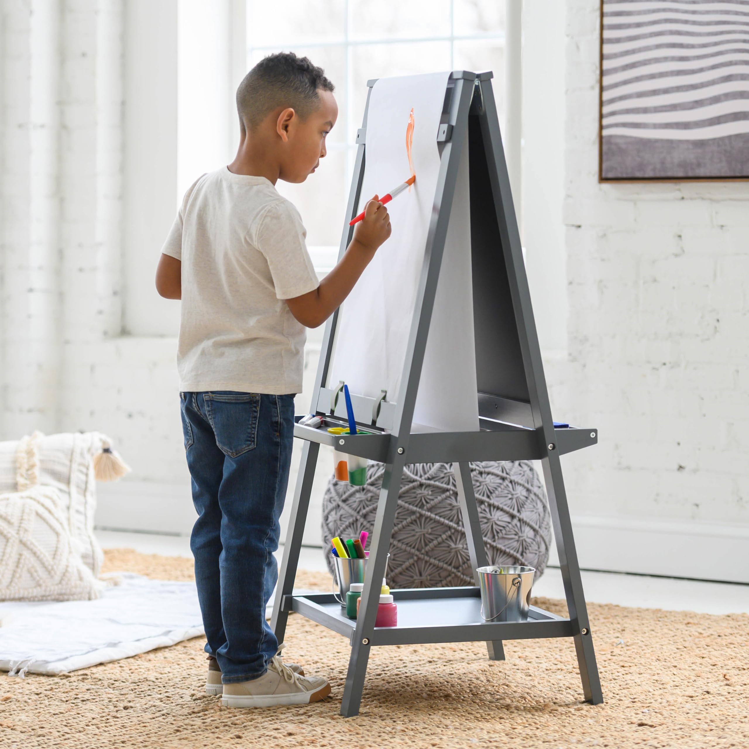 Little Partners Folding EZ Painting Easel for Kids, Dual-Sided Art Easel for Kids Art Station, Folds Flat with Chalkboard, Dry Erase Whiteboard, Paper, Eraser, Paint Cups, Shelf (Earl Grey)