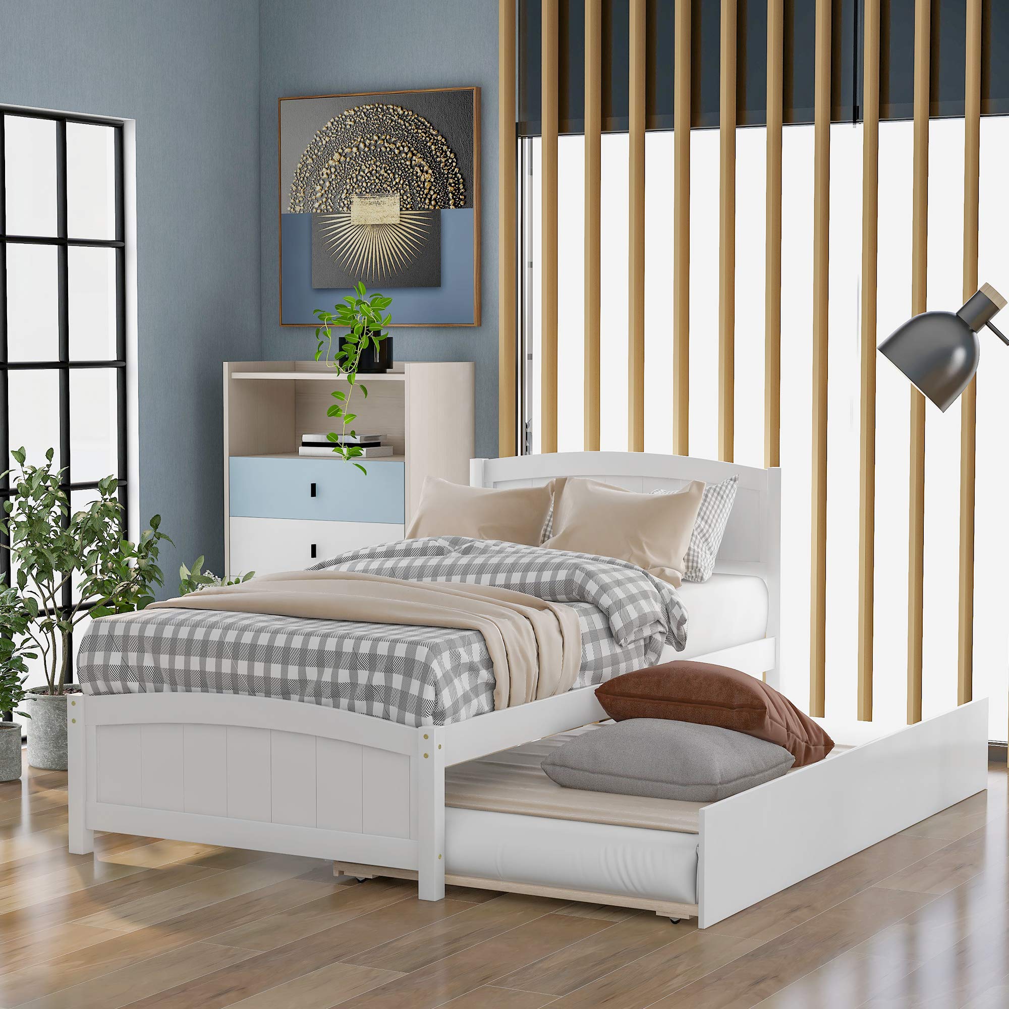 Twin Platform Bed Frame with Trundle, White Solid Wood, 79.5 x 41.7 x 37.5 inches