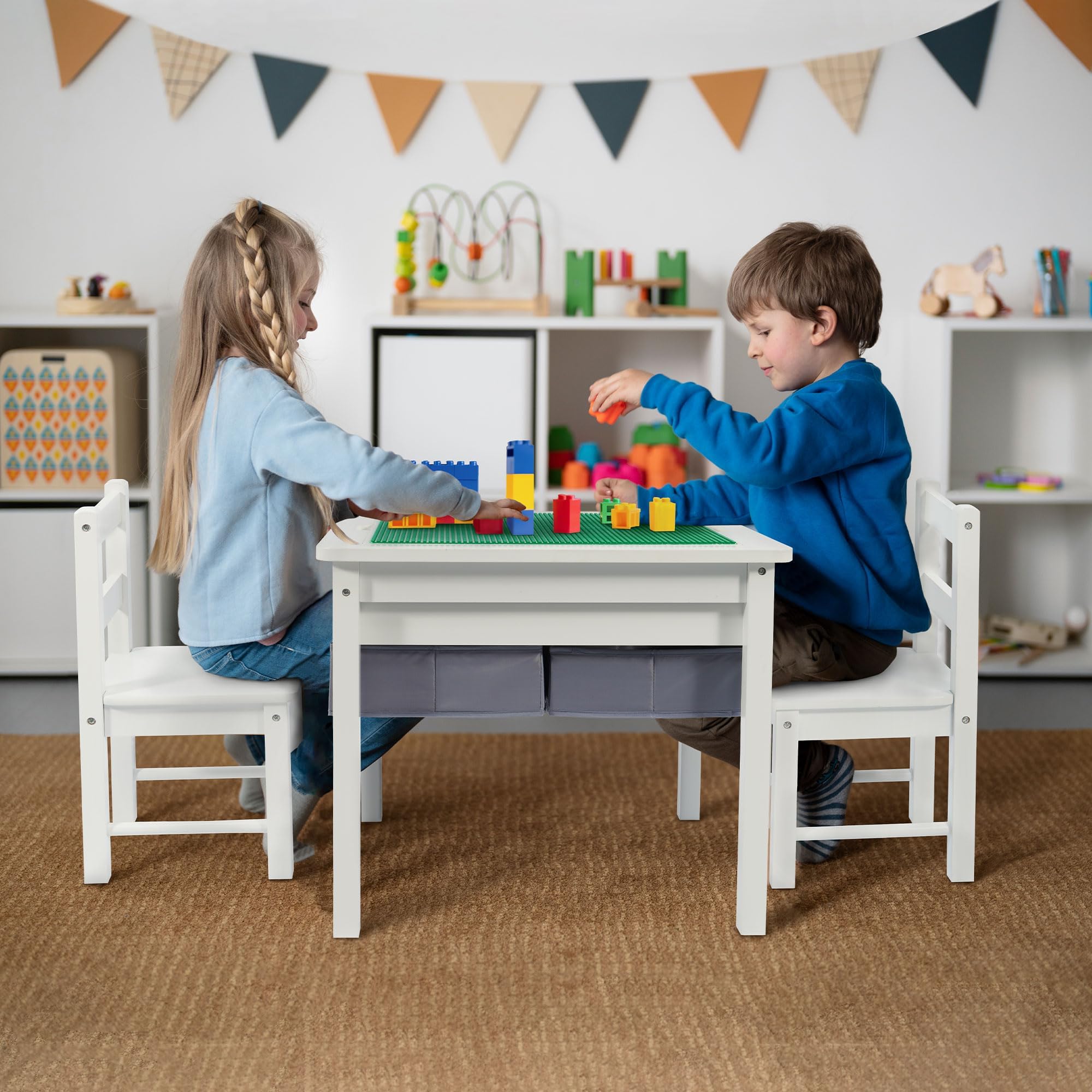 2 in 1 Construction Play Table & 2 Chairs Set, Wooden Building Desk w/Storage Drawers