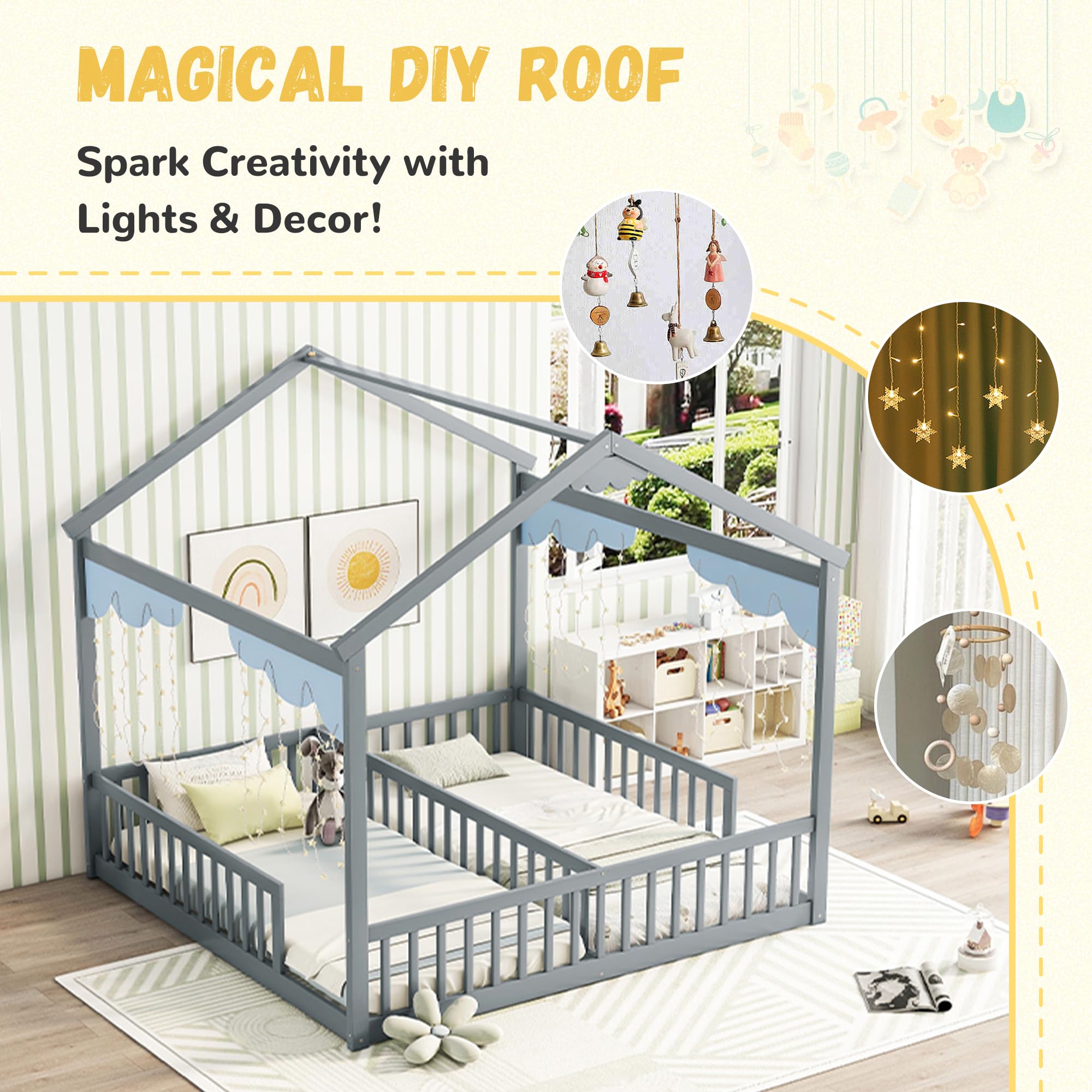 Double Twin Montessori Floor Bed Frame with House Design