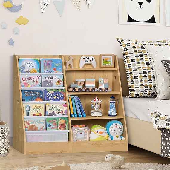 Tier Kids Bookshelf and Storage Organizer, Five Layer Sling Children Bookcase