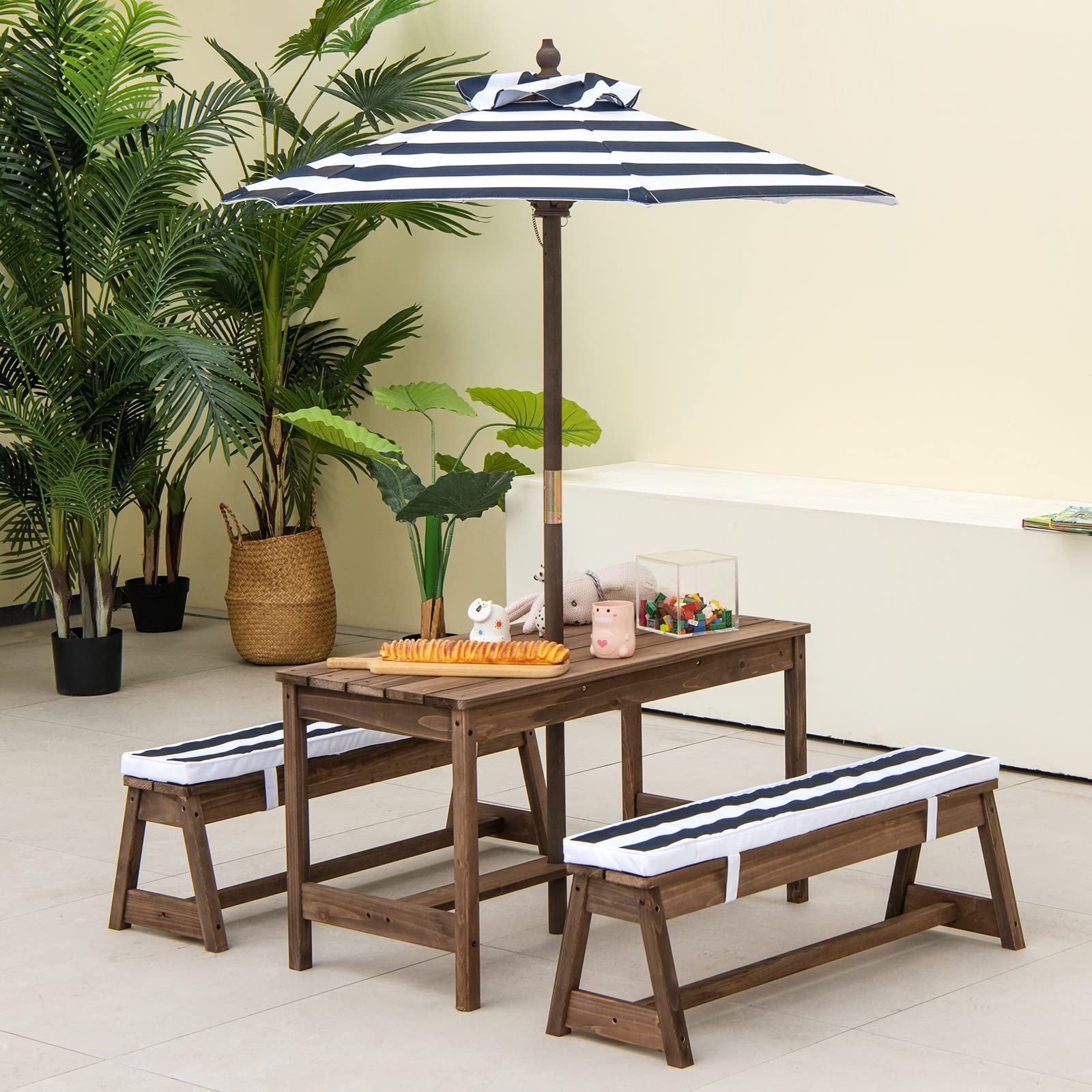 Kids Picnic Table, Outdoor Wooden Table & Bench Set w/Removable Cushions and Umbrella