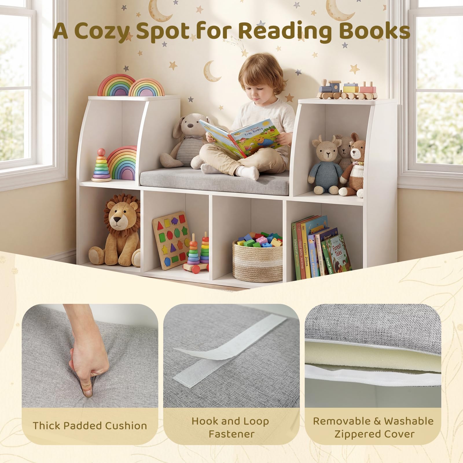 Kids Bookshelf with Reading Nook and Storage Bench