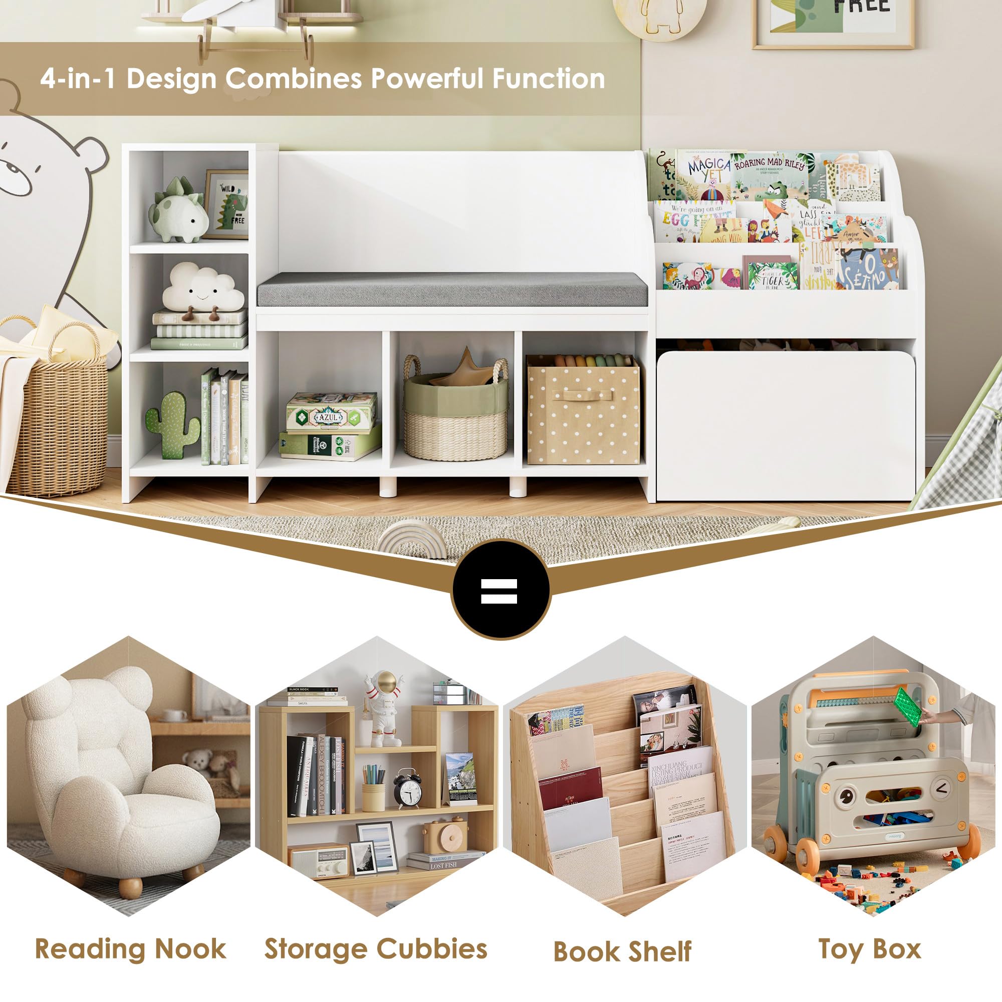 Kids Reading Nook with Storage Bench and Bookshelf