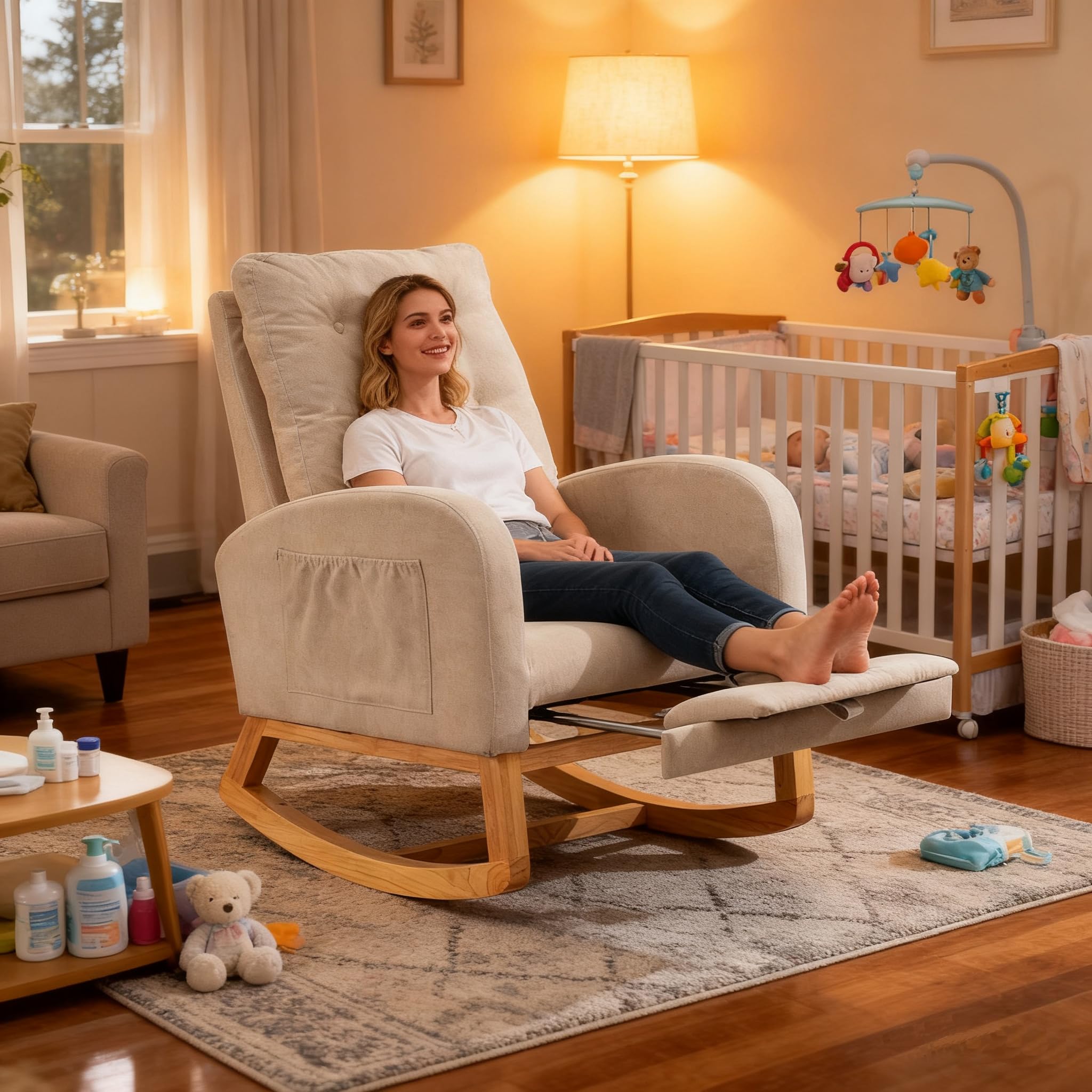 Nursery Rocking Chair with Footrest and Side Pocket