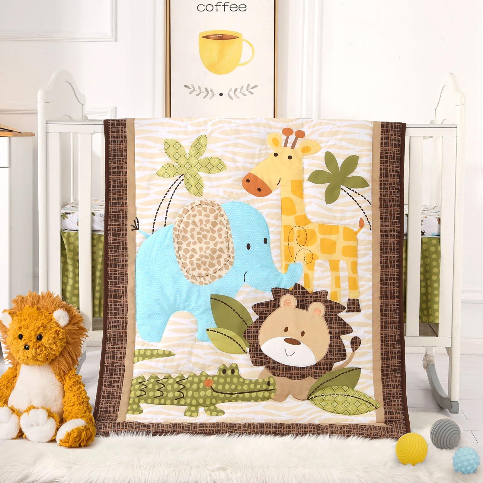 Safari Crib Bedding Set, Mini Crib Bedding Set Boy. 3-Piece Mini Crib Comforter Set