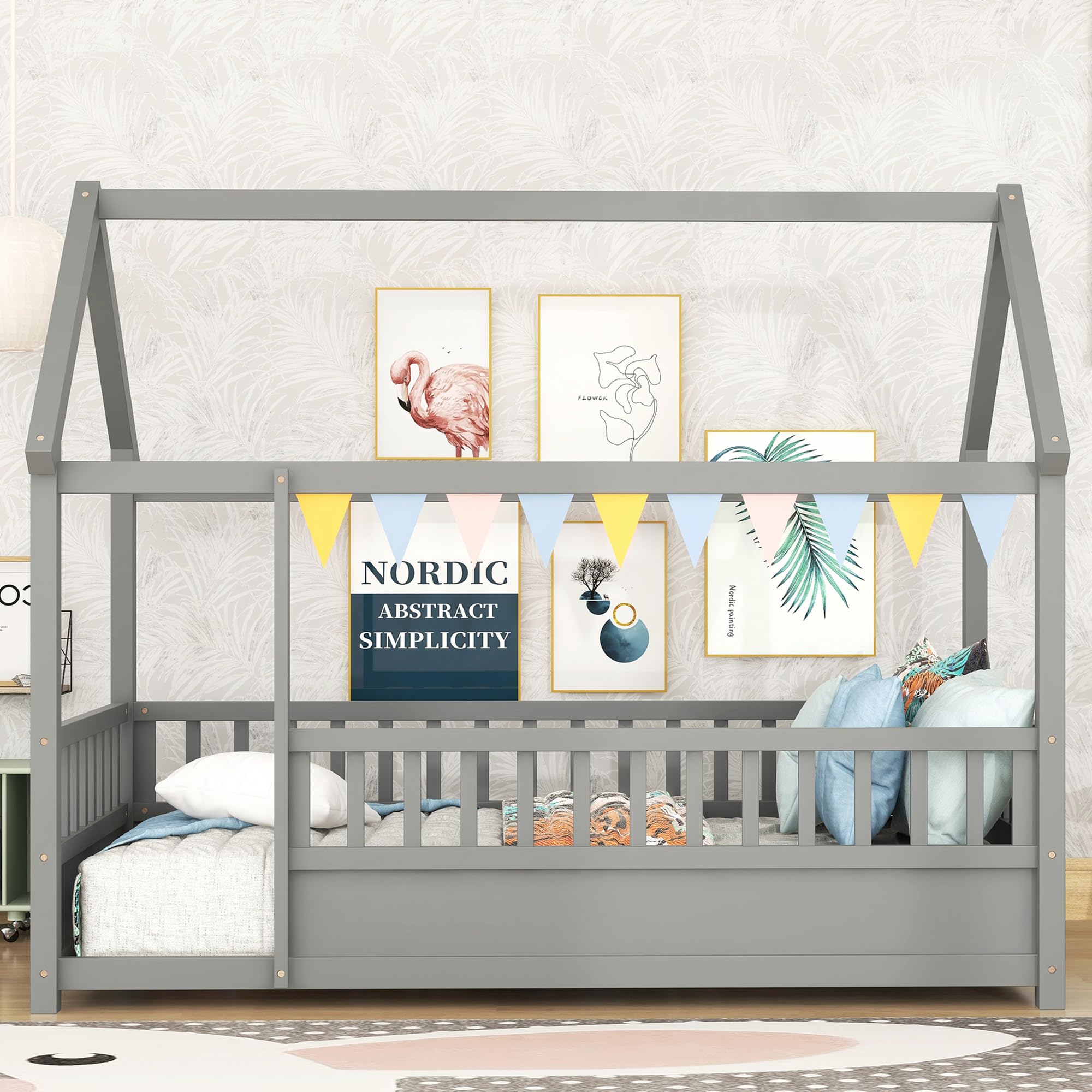 Kids Montessori Twin Size Floor Bed with High Fence, House Bed for Kids, Wooden, Gray