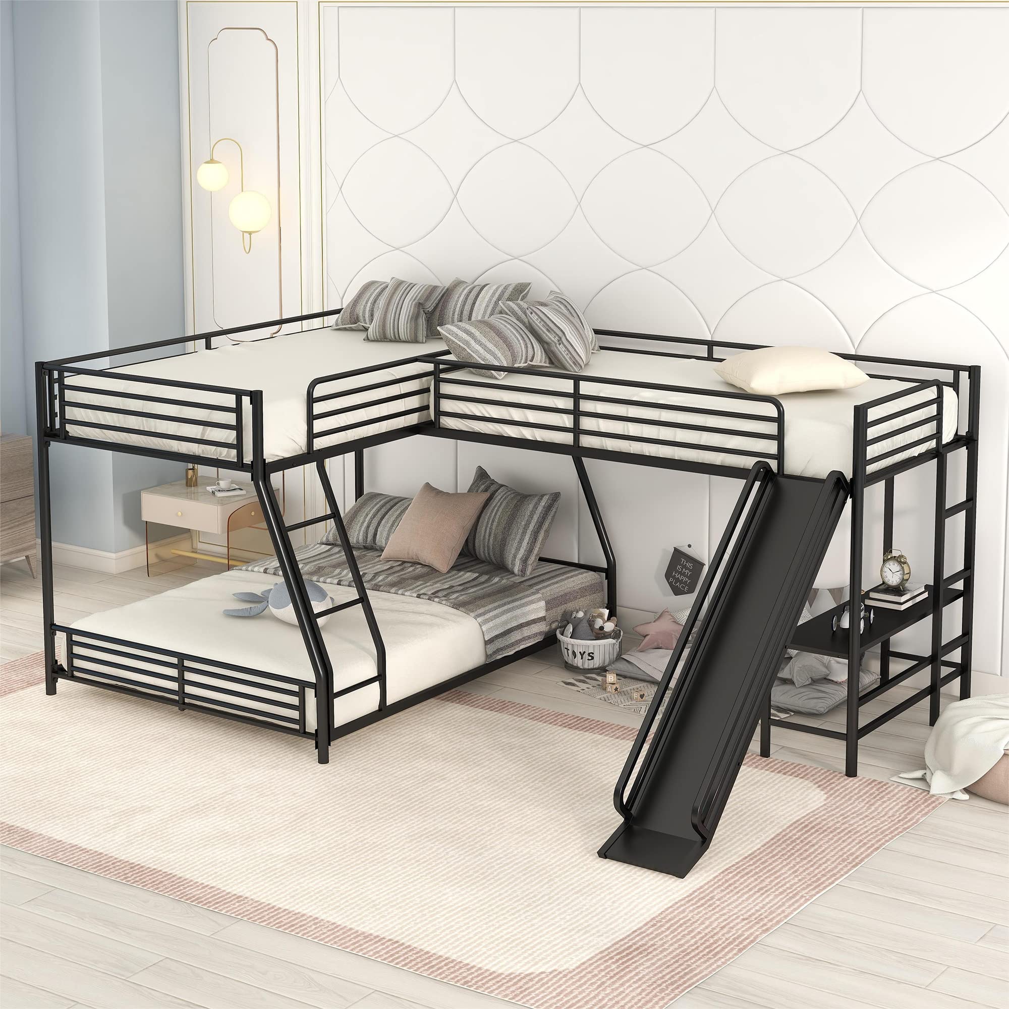 L-Shaped Triple Bunk Bed with Desk and Slide - Twin Over Full with Twin Loft