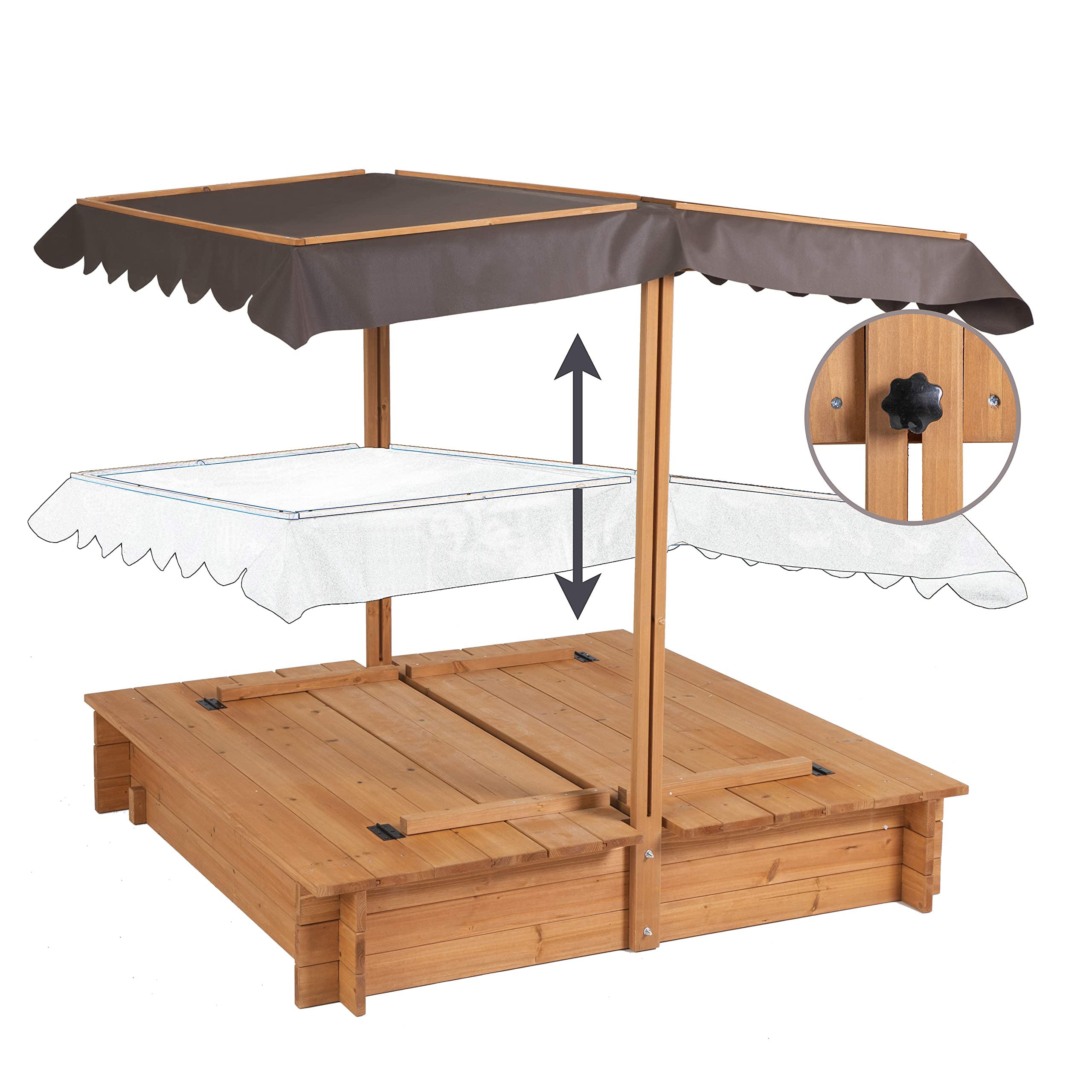 Wooden Sandbox with Canopy Cover and Bench Seats