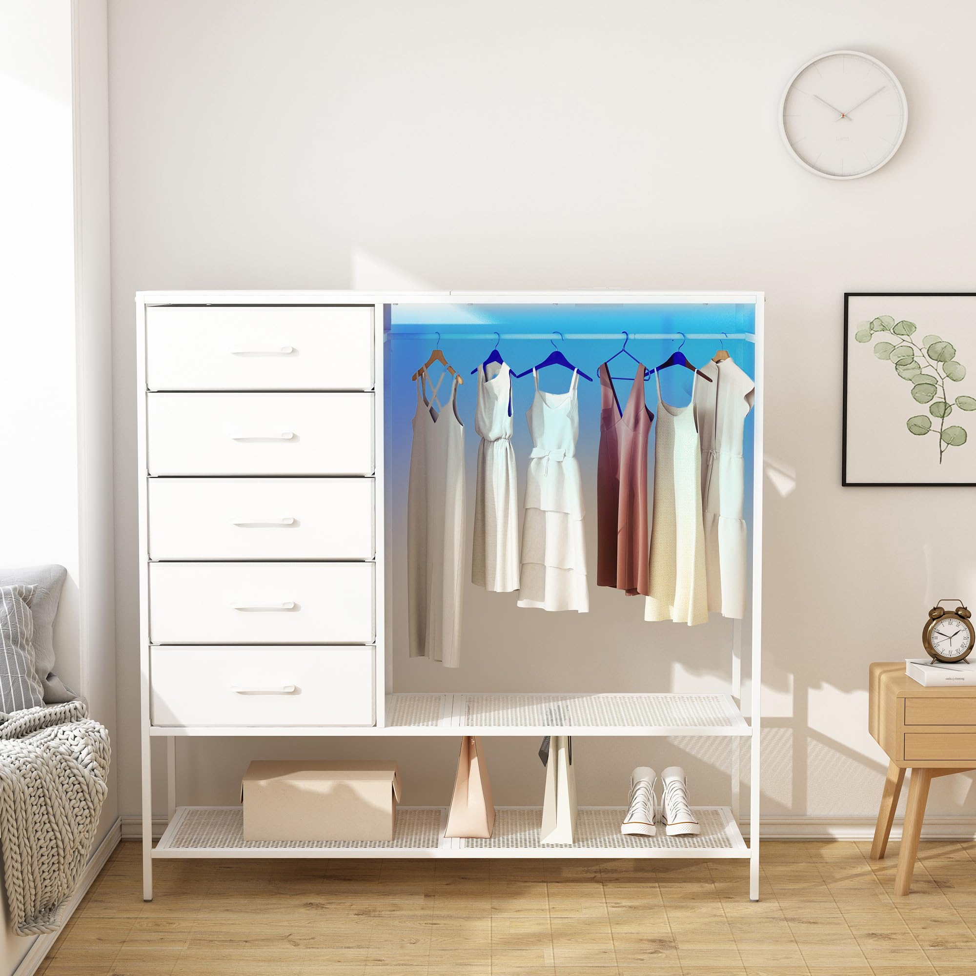 Fabric Dresser with Hanging Rack and LED Lights