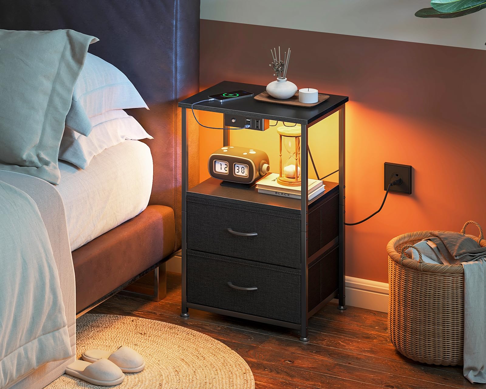 Casaottima Night Stand with Charging Station and LED Lights, End Table for Bedroom with 2 Fabric Drawers, Small Nightstand with Storage Shelf, Bed Side Bedside Table, Black