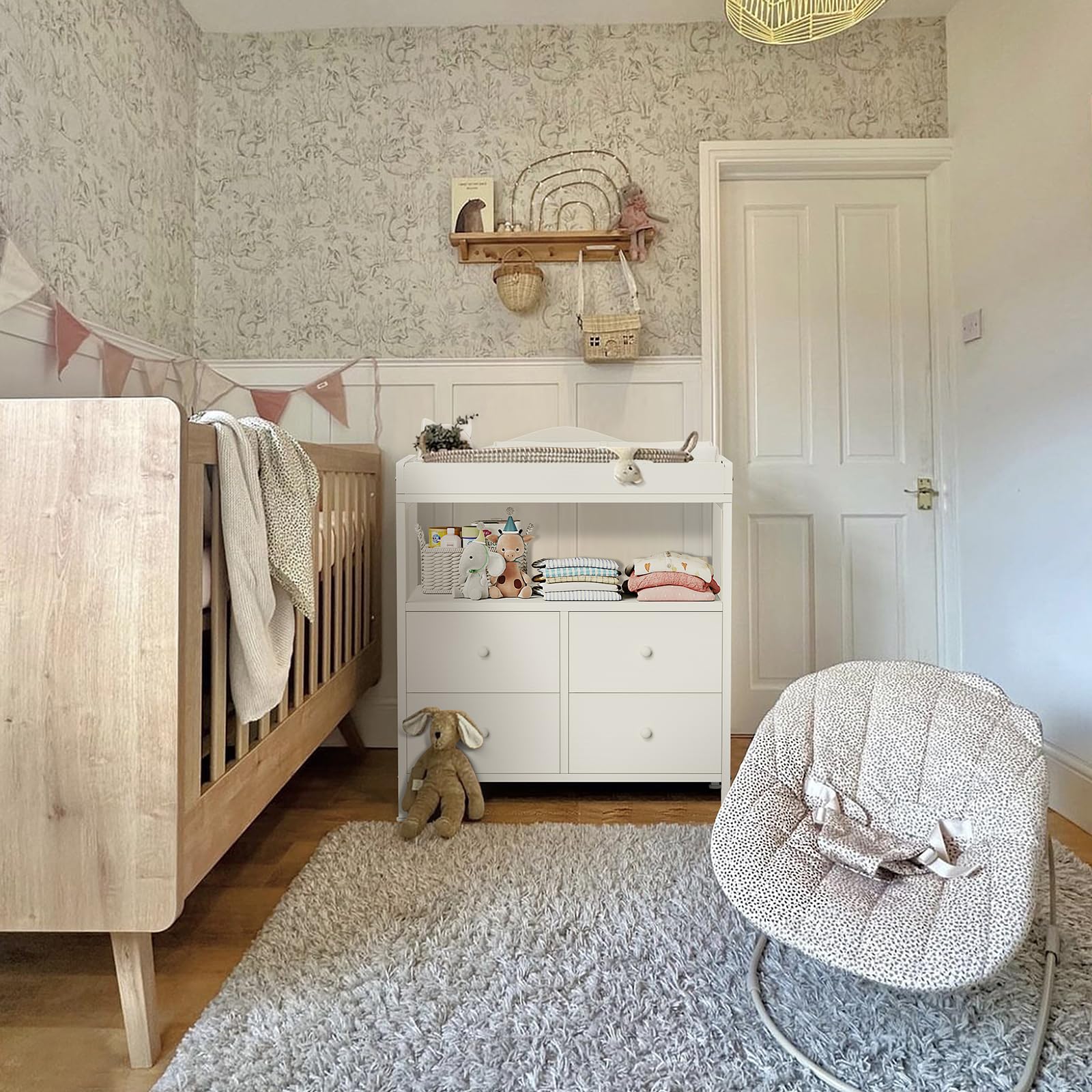 Changing Table Dresser with 4 Fabric Drawers and Open Shelf